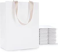 Vista 32 de Bolsas de regalo blancas con asas, 20 bolsas de regalo de papel blanco de 5.25 x 3.75 x 8 pulgadas con asas de cinta a granel, bolsa de papel kraft