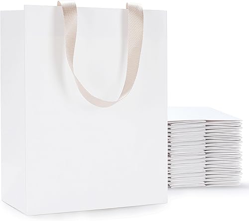 Bolsas de regalo de papel blanco, 20 bolsas de regalo de papel kraft blanco de 8 x 4.25 x 10.5 pulgadas con asas, bolsas de regalo medianas con asas