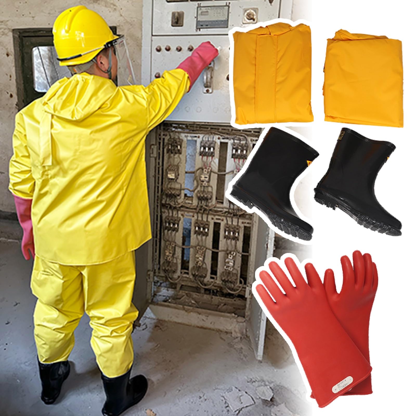Abbigliamento da Lavoro, Guanti e Stivali di Sicurezza per lavori sotto Tensione; Indumenti protettivi per elettricisti ad Alta Tensione, Adatti per Locali di distribuzione elettrica (3 KV).