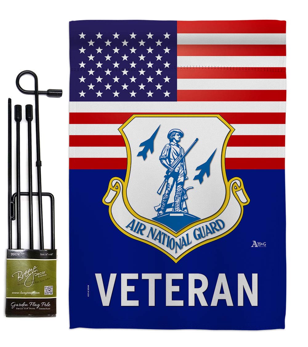 US Air National Guard Veteran Garden Flag - Set with Stand Armed Forces ANG United State American Military Retire Official - House Banner Small Yard Gift Double-Sided Made in USA 13 X 18.5