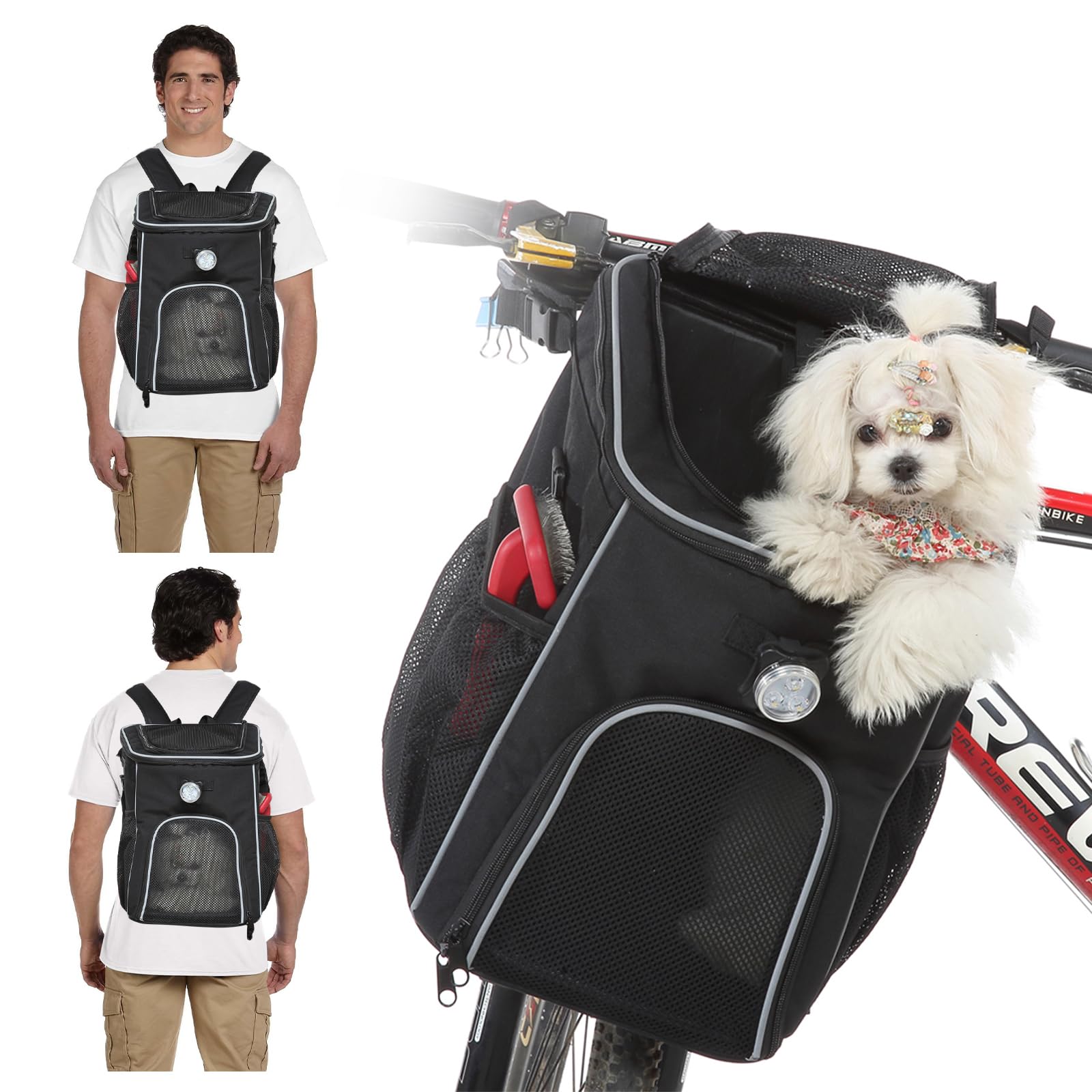 Sac de transport pour chiens avec panier de vélo et lumière amovible