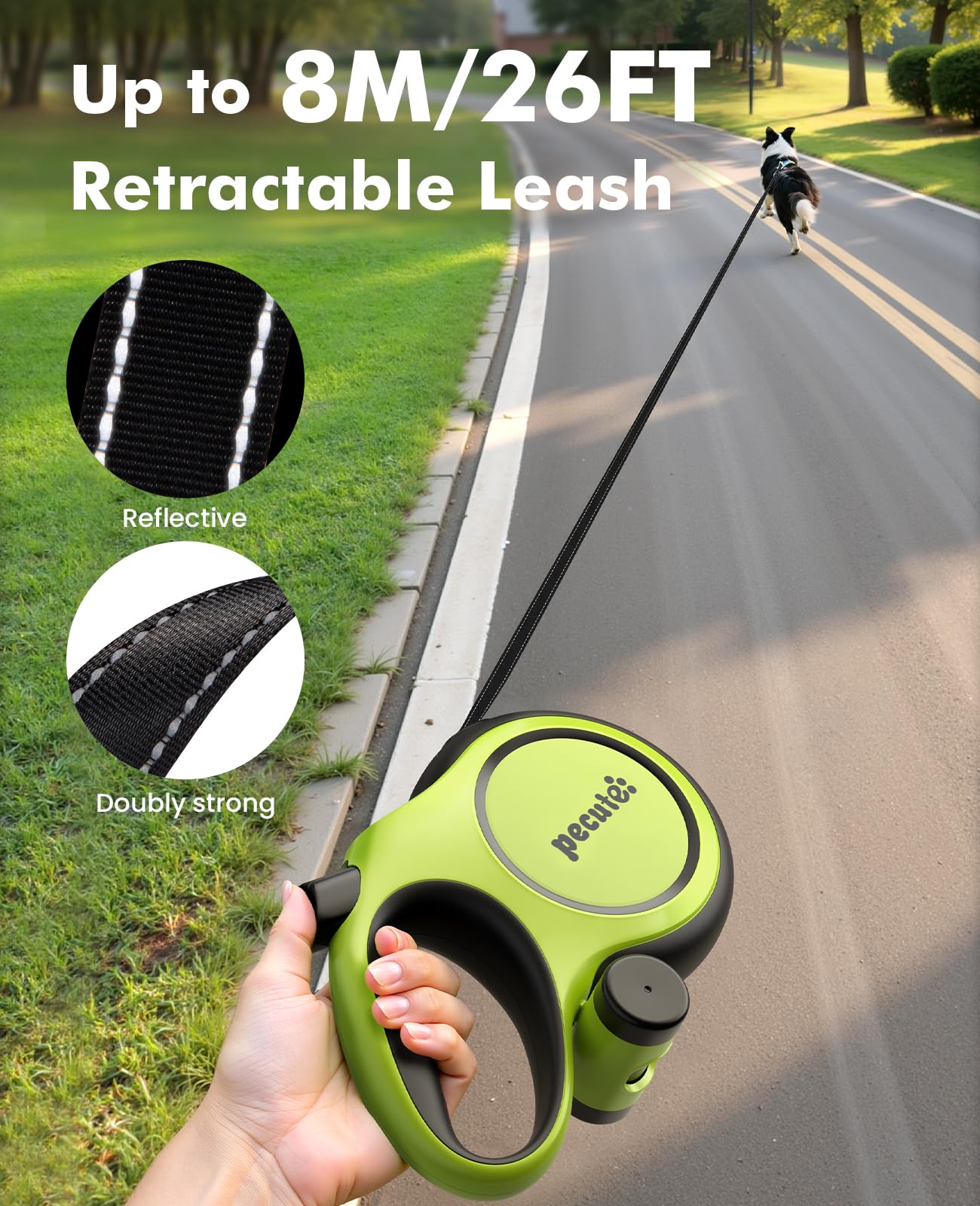 Pecute Guinzaglio per Cani Allungabile 8 metri con Corda Anti-morso da 46 cm, Guinzagli Retrattili con Sacchetti Igienici e Porta Sacchetti|Per Passeggiate/Addestramento/Pioggia, fino a 15-50 kg,Verde