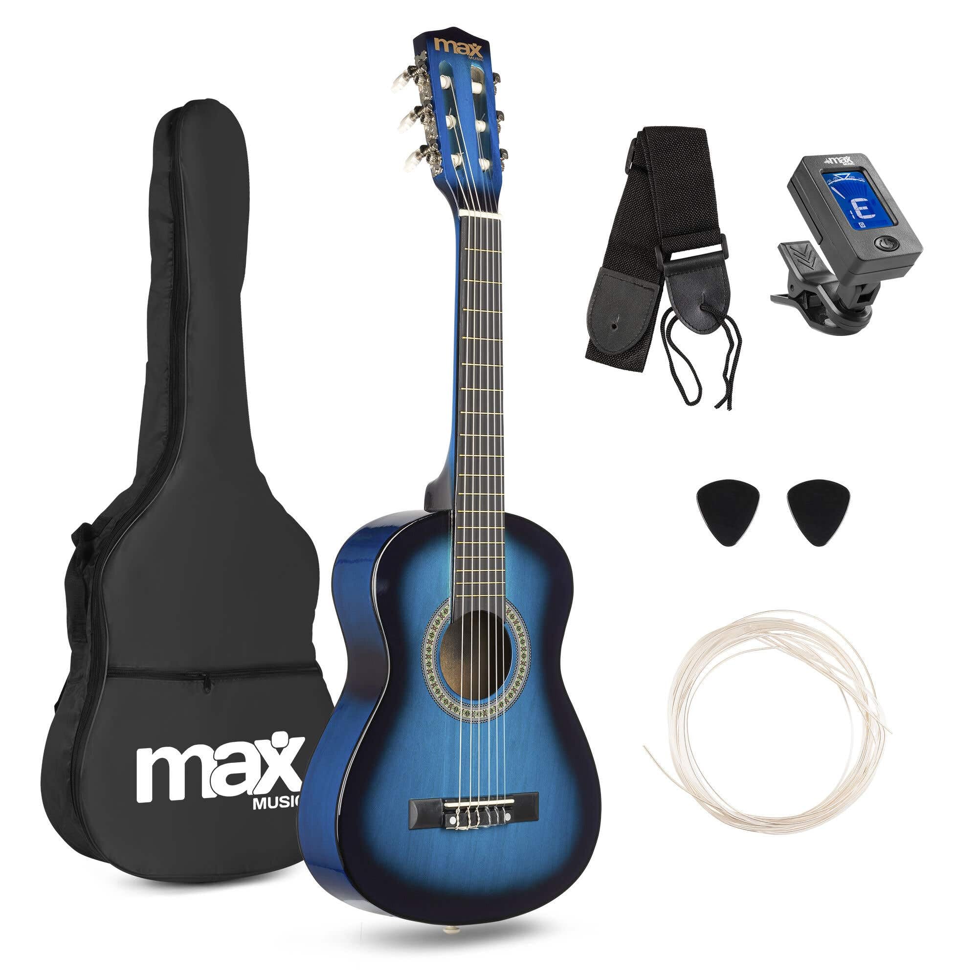 Max SoloArt Pack Guitare Classique Junior 1/4 - Bleue, Cordes en Nylon, 4 à 6 ans, Sac de Transport, Médiators, Sangle, Support Guitare, un Cadeau pour Enfants Idéal pour Débuter la Guitare