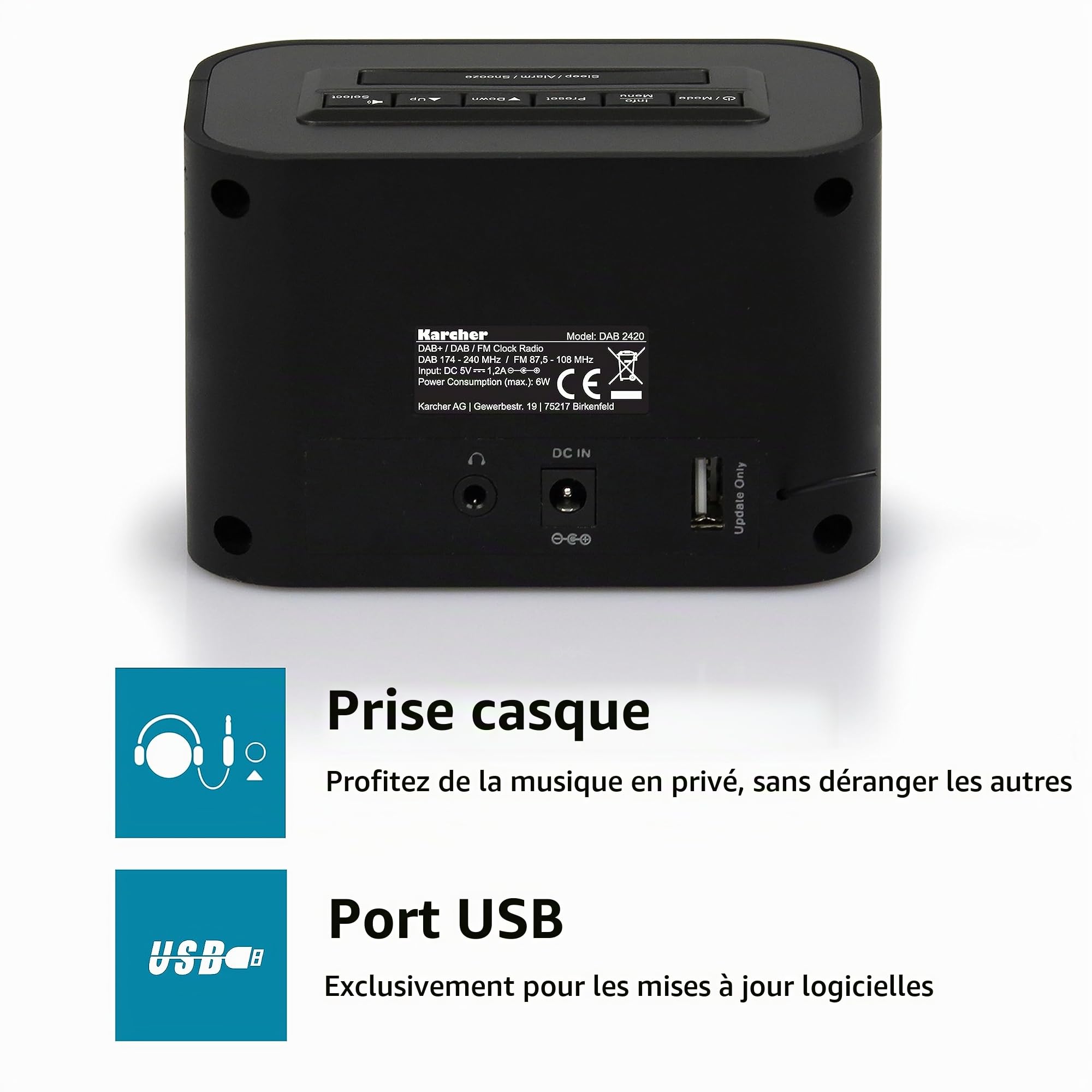 Karcher – Dab 2420 – Radio-réveil stéréo – (Dab+, FM-PLL avec RDS et mémoire de Station, écran à intensité Variable, Double Alarme, Fonction Weekend/Snooze, Mise en Veille programmable) – Noir