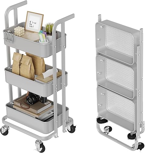 DTK Mini carrito plegable de 3 niveles, carrito utilitario de metal con ruedas bloqueables, carrito de almacenamiento plegable para sala de estar,