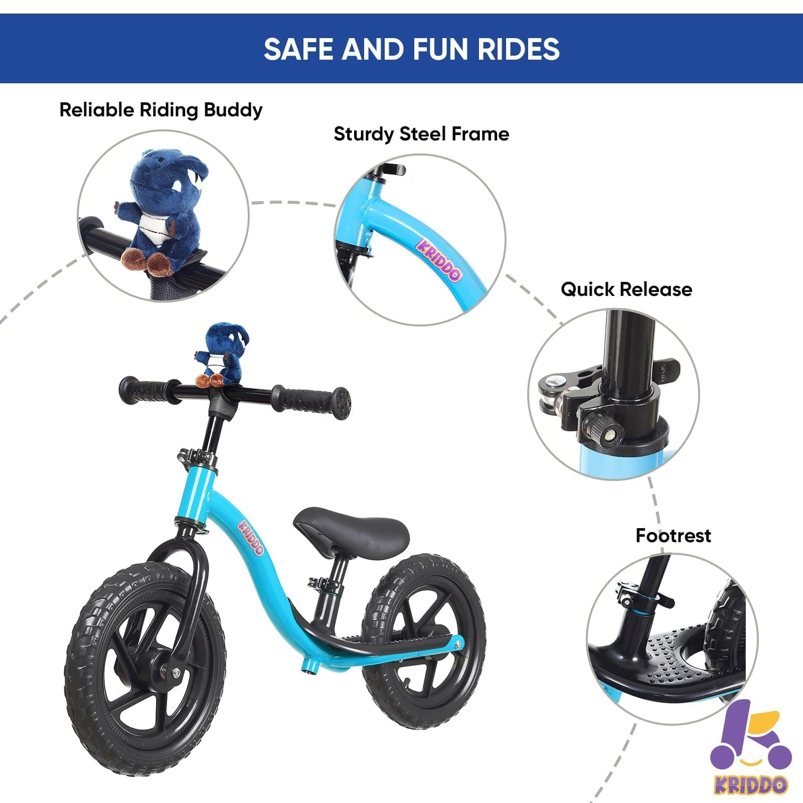 KRIDDO Toddler Balance Bike 2 Year Old, Age 24 Months to 5 Years Old, Early Learning Interactive Push Bicycle with Steady Balancing, Gift Bike for 2-5 Boys Girls, Blue