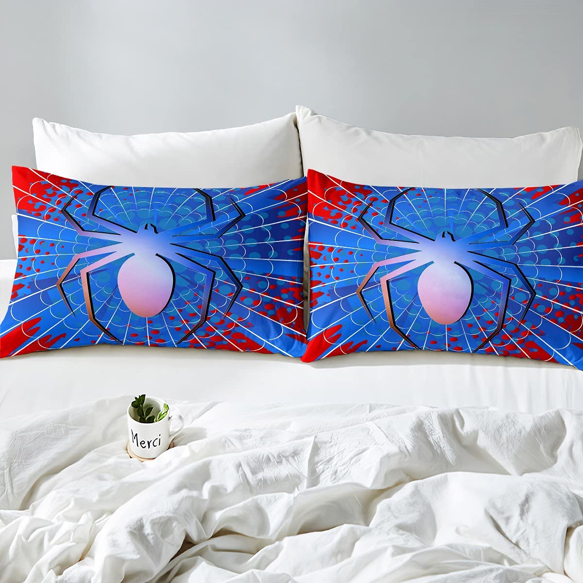 Loussiesd Juego de ropa de cama de araña para niños y niños, ropa de cama y lino azul rojo funda de edredón araña y lino Super King 3 piezas