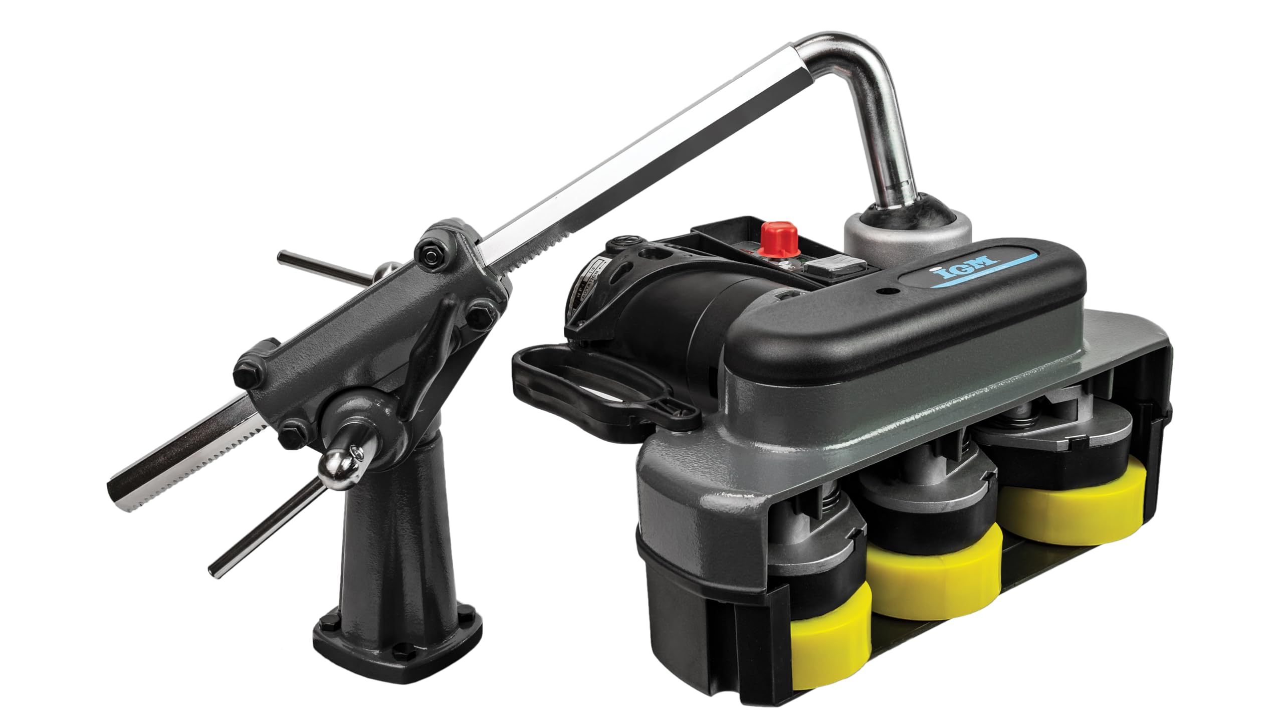 IGM Vorschubapparat M3, 230V – Stufenlos einstellbare Vorschubgeschwindigkeit 2-12 m/min – Für Frästische, Tischkreissägen & Kantenanleimtische – 3 griffige Rollen mit 3D-verstellbarem Gelenk