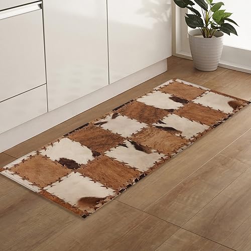 Miniatura 5 de Alfombra de pasillo con estampado de vaca, color marrón, antideslizante, absorbente de agua, para interiores, entrada, hogar, garaje, cocina,
