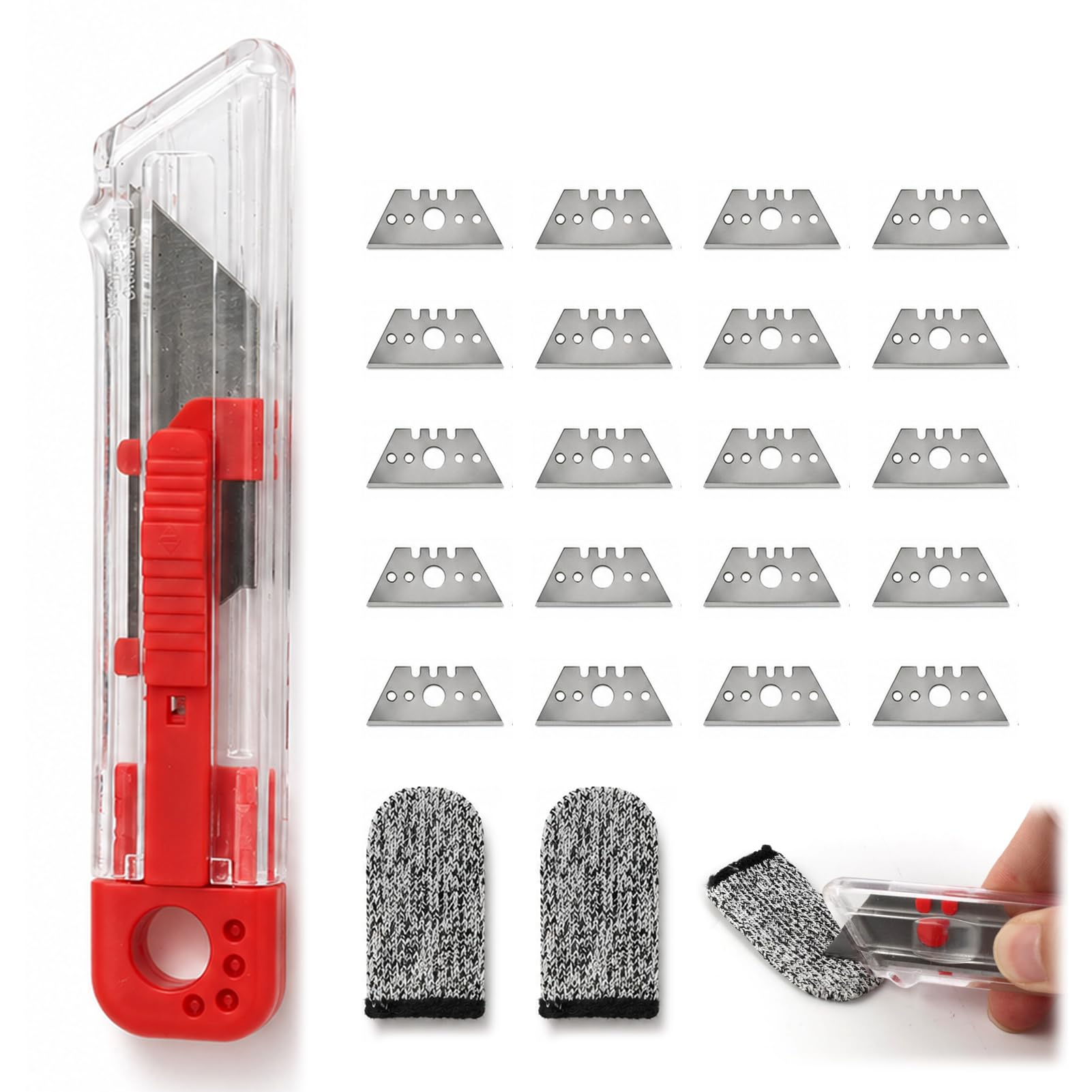20x Cuchillas Trapezoidales 52mm para Cutter, con 2 Dedos de Protección y Cutter, Cuchillas Repuesto para Cartón Alfombra