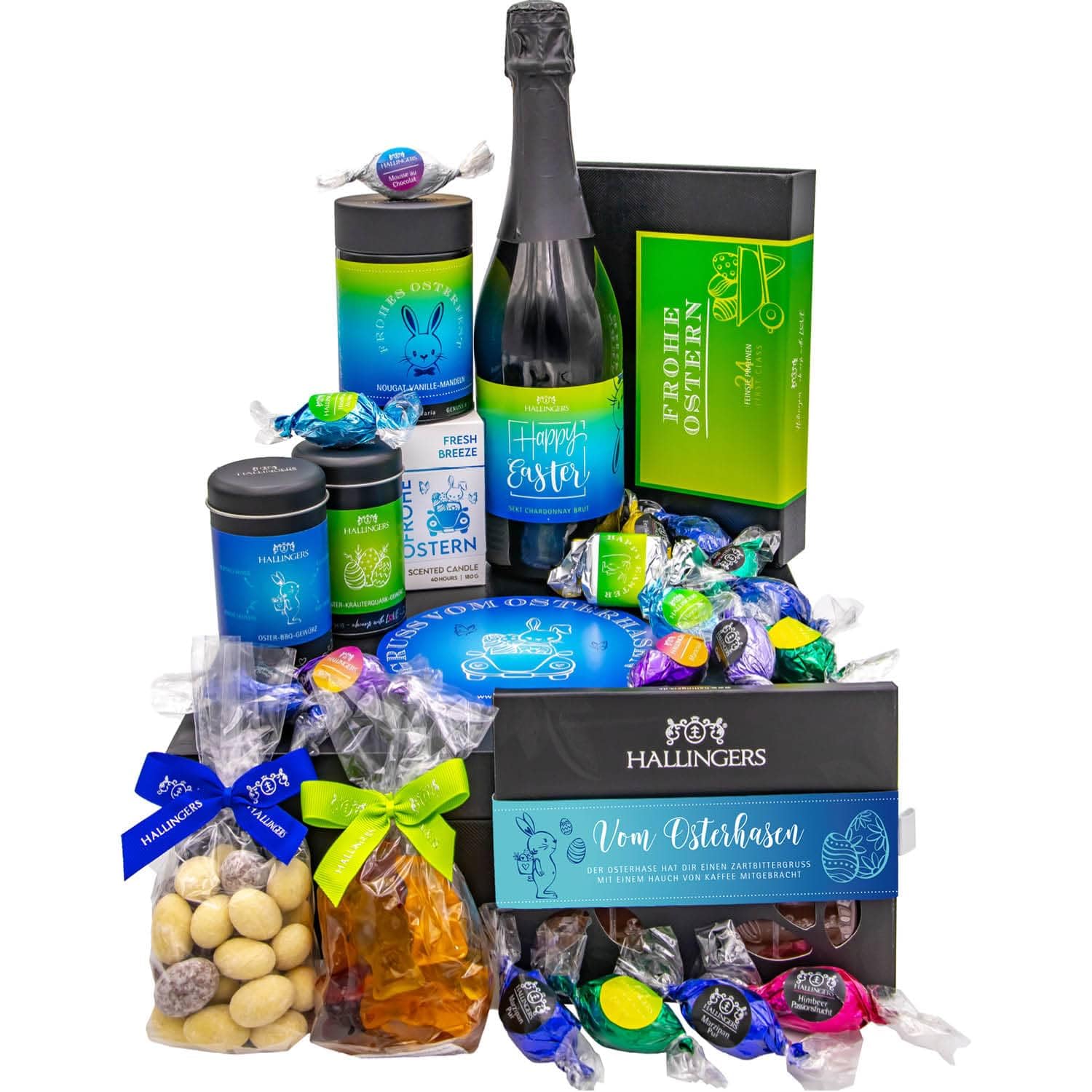 Hallingers Genuss Manufaktur Feinkost Oster-Geschenk-Set - XXL-Geschenkkorb "Gruß vom Osterh..." großer Ostergruß Ostereier, Gewürz, Sekt, Schoki, Duftkerze & viel mehr, Ostern Körbchen für Frauen