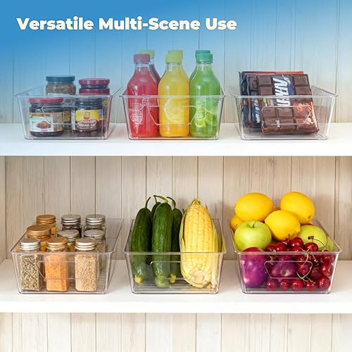 Miniatura 4 de Paquete de 6 cubos organizadores apilables de almacenamiento de despensa, plástico transparente con 3 separadores extraíbles, para aperitivos,