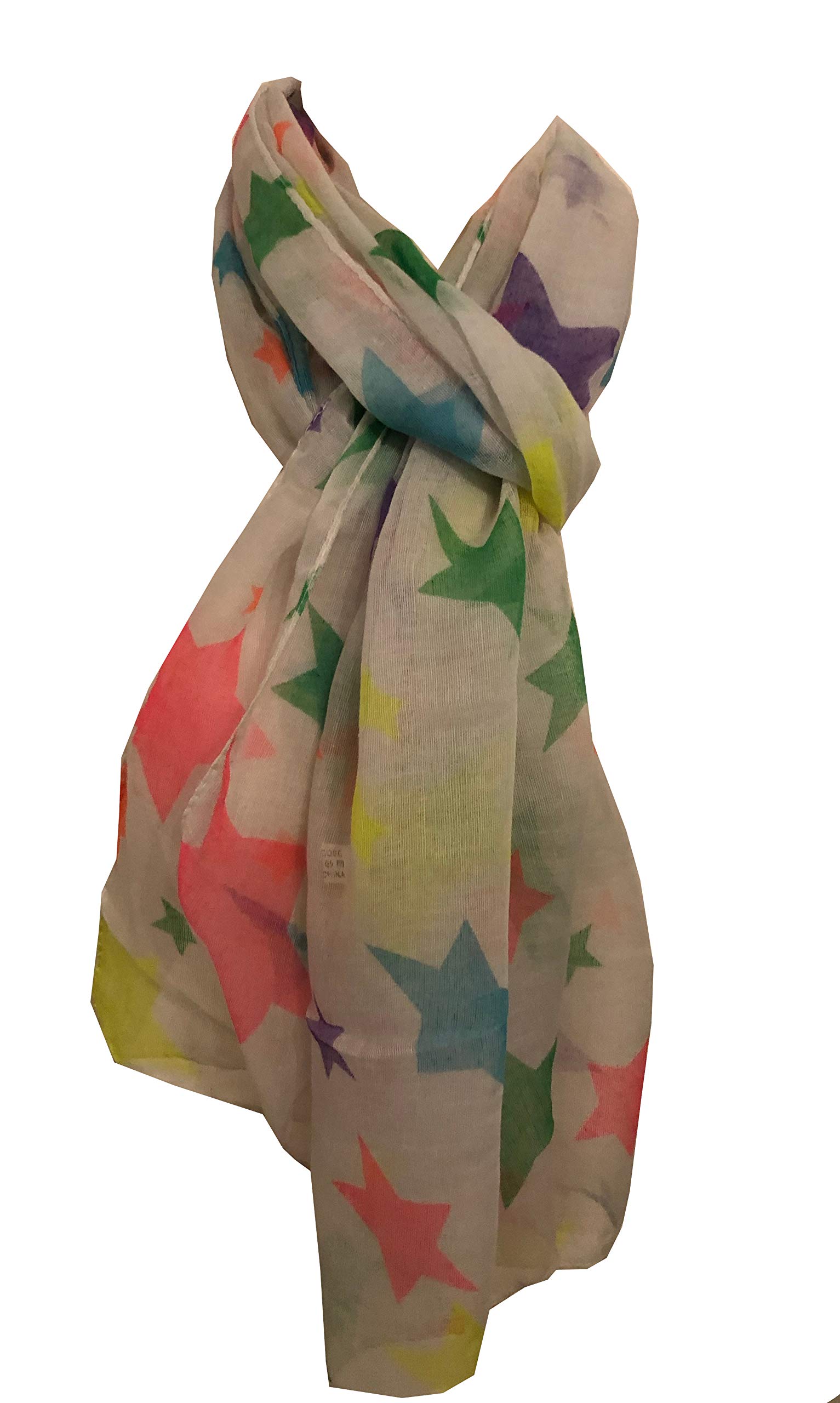Pamper Yourself Now Women's Creamy White Multi Coloured Stars Thin Scarf, Great Presents/Gifts. (Creamy White)