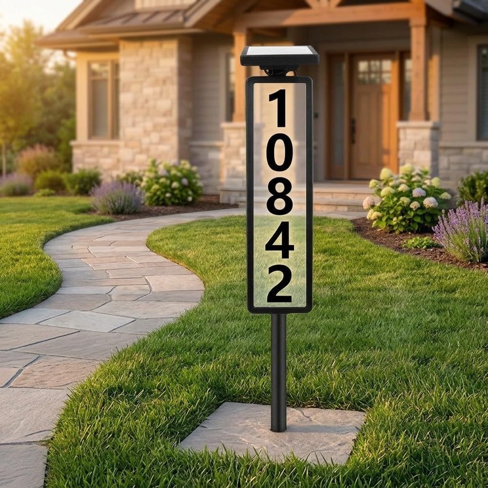 Número de casa solar iluminado, resistente al agua, con paneles duales, altura regulable, 3 temperaturas de color, placa LED para dirección de jardín, entrada de jardín, material ABS, incluye juego de