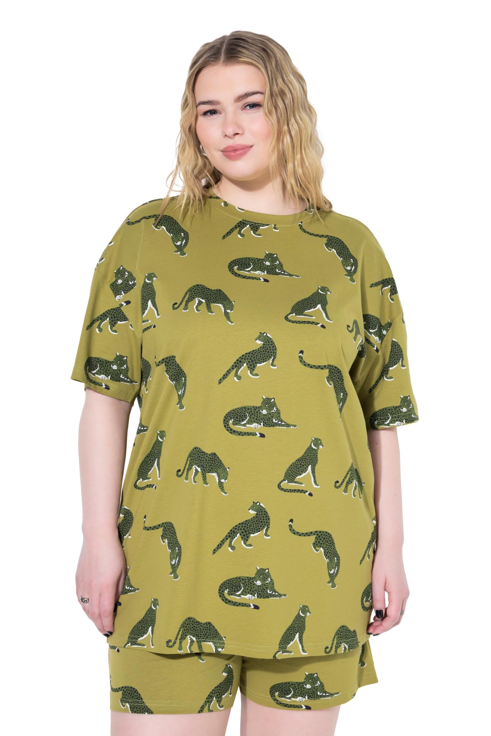 Studio Untold Damen große Größen Übergrößen Plus Size Schlafanzug, kurzer Zweiteiler, Oversized, Leoparden 841171