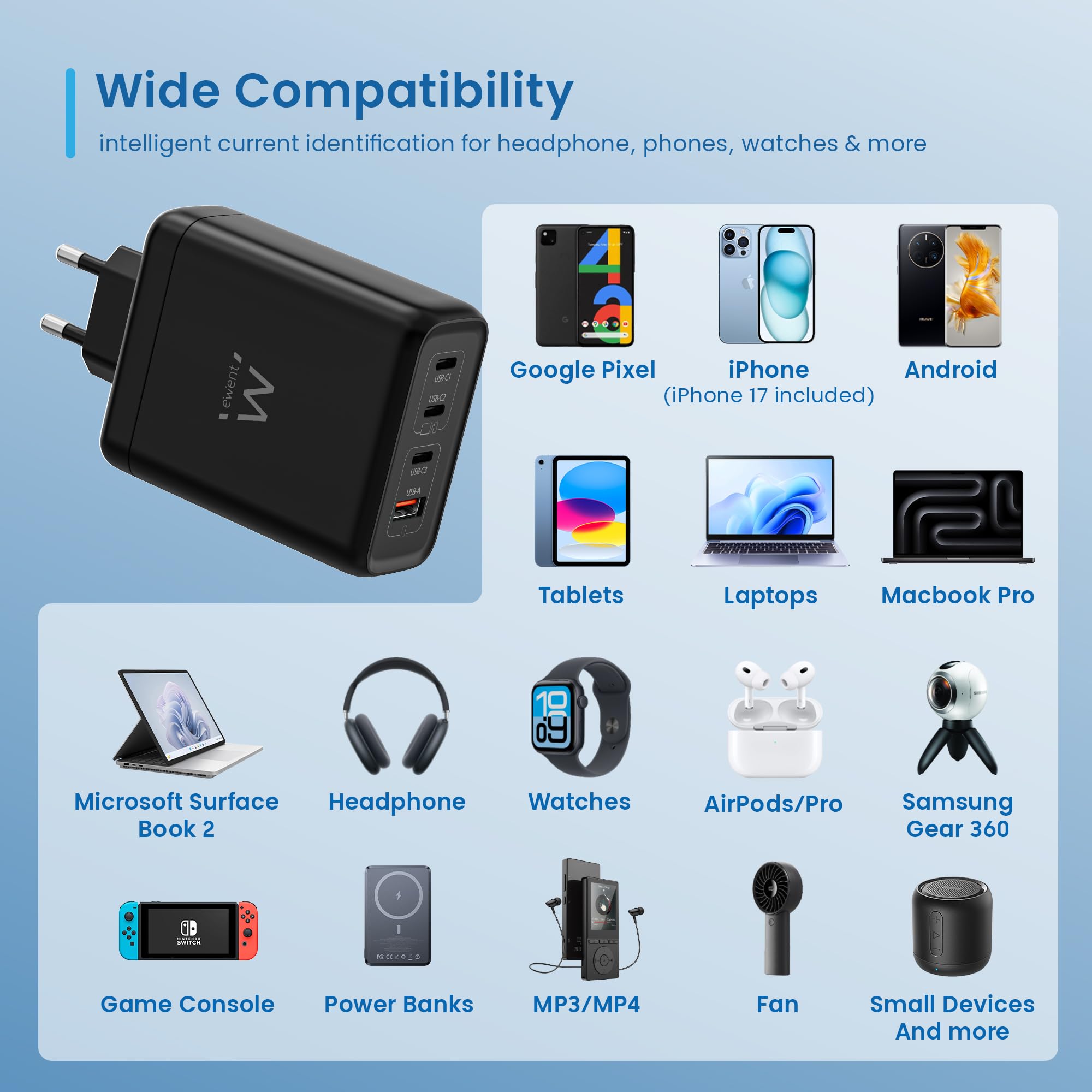 Ewent Caricatore USB C 140W, Caricabatterie Rapido GaN Fast 4 Porte USB (3 USB-C PD 3.1 + 1 USB-A QC 3.0), per Notebook, MacBook, iPhone 17, iPad, Android con Cavo USB-C 240W da 2 m, Nero