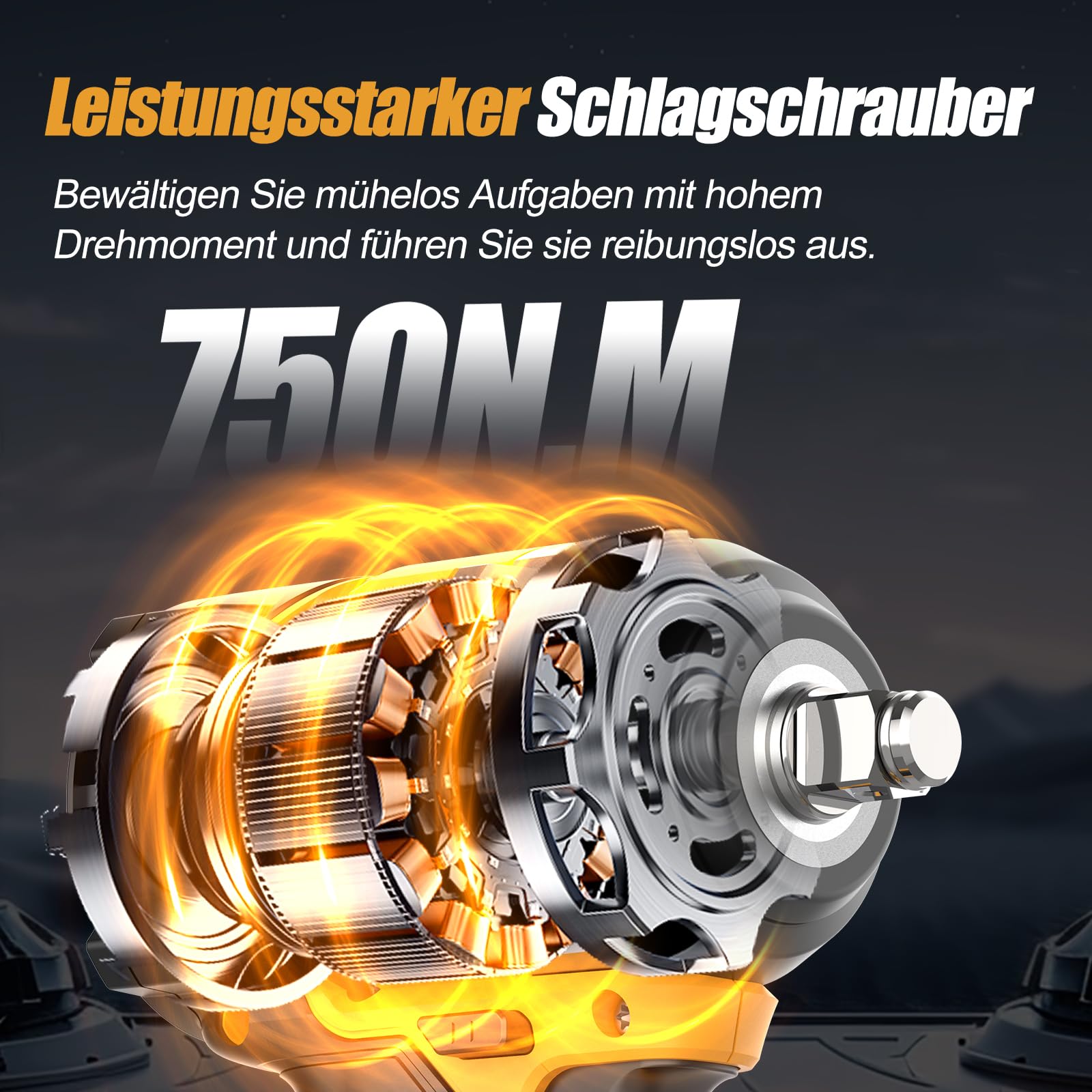 1/2" Schlagschrauber 750N.m Bürstenlos Hohes Drehmoment Elektro-Schlagschrauber with 2x4.0AH Batterie und Schnellladegerät für Auto-Reparatur,Reifenwechsel,Bauwerkzeug,DIY | 2x4.0Ah Akku und Ladegerät, Stecknüsse, Verlangerung und koffer Impact Wrench für