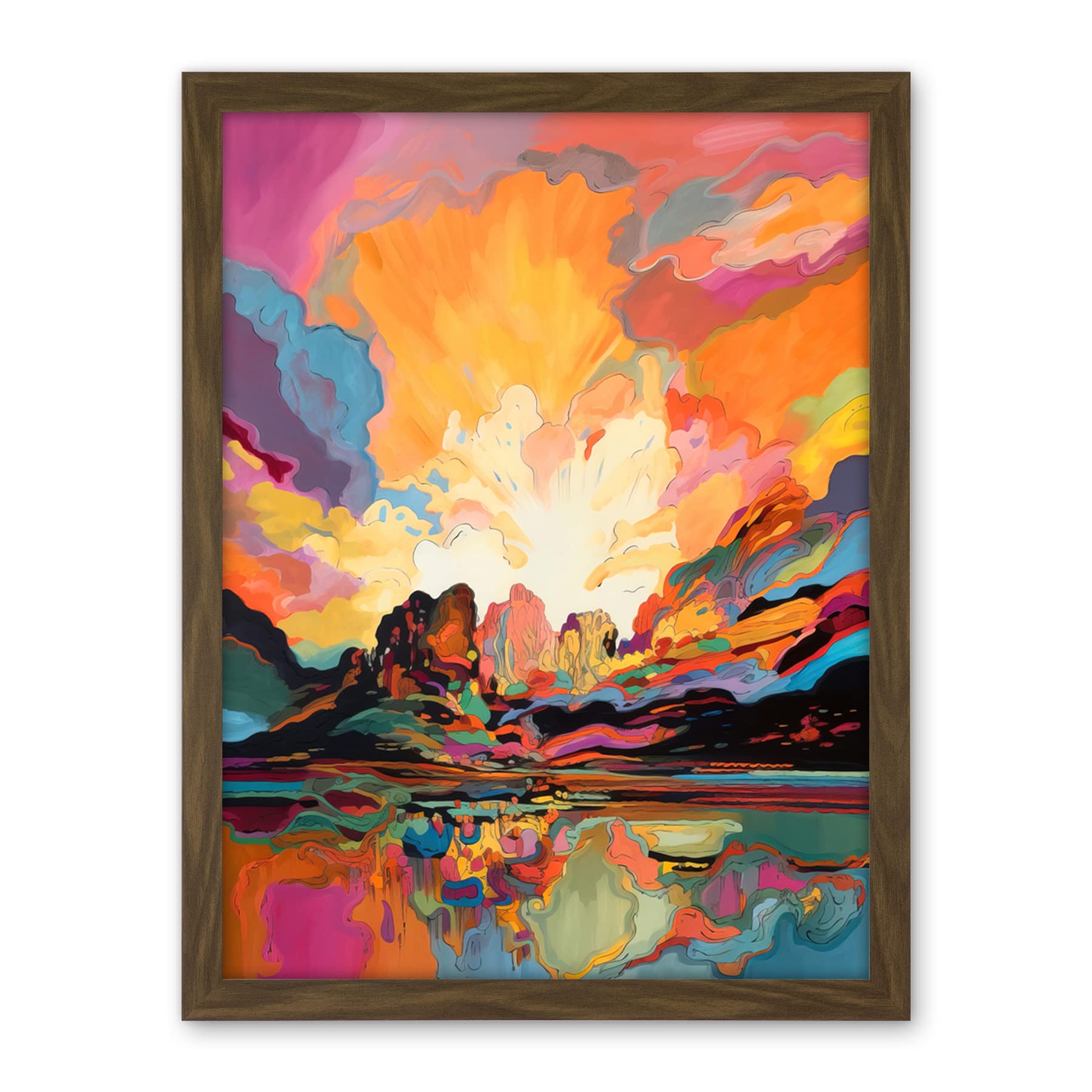 Artery8 Atmospheric Sunset Clouds Vibrant Colour Lakescape Modern Watercolour Painting Artwork Framed Wall Art Print 18X24 Inch