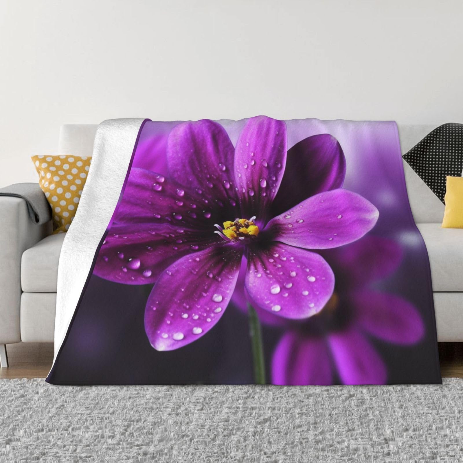 Fodpand Black Purple Flower Flannel Blanket 80"X60" - Ultra-Soft Lightweight Throw Blanket For Bed, Sofa, And Couch - Luxury Air Conditioning Blankets - Cozy Warm Blankets For All Seasons