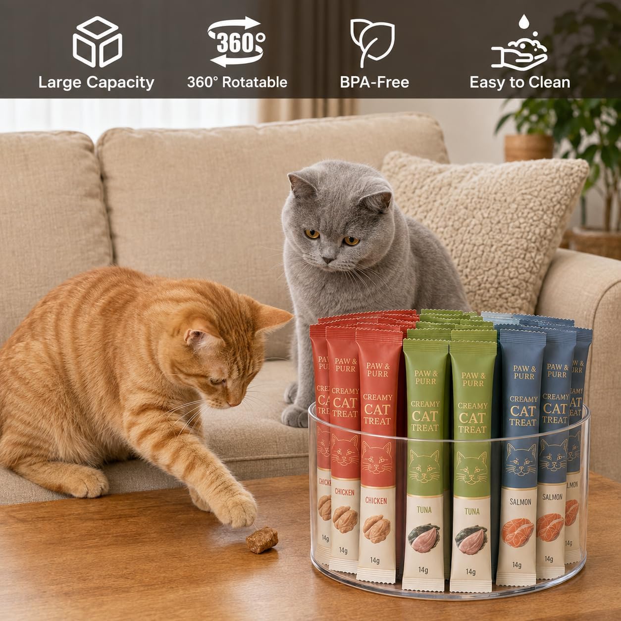 Lickable Cat Treats Organizer, 360° Rotating Acrylic Lazy Susan with 4 Compartments, Squeeze Up Cat Treat Tube Storage Organizer for Puree Snacks, Kitchen Cabinet, Pantry and Countertop image 4