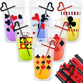 24 Sets Casino Party Plastic Drink Pouch Cups with Straws, Poker Tumbler Clear Zipper Bags Reusable Casino Poker Cups for Casino Birthday Party Decorations Party Supplies Gift (Casino)