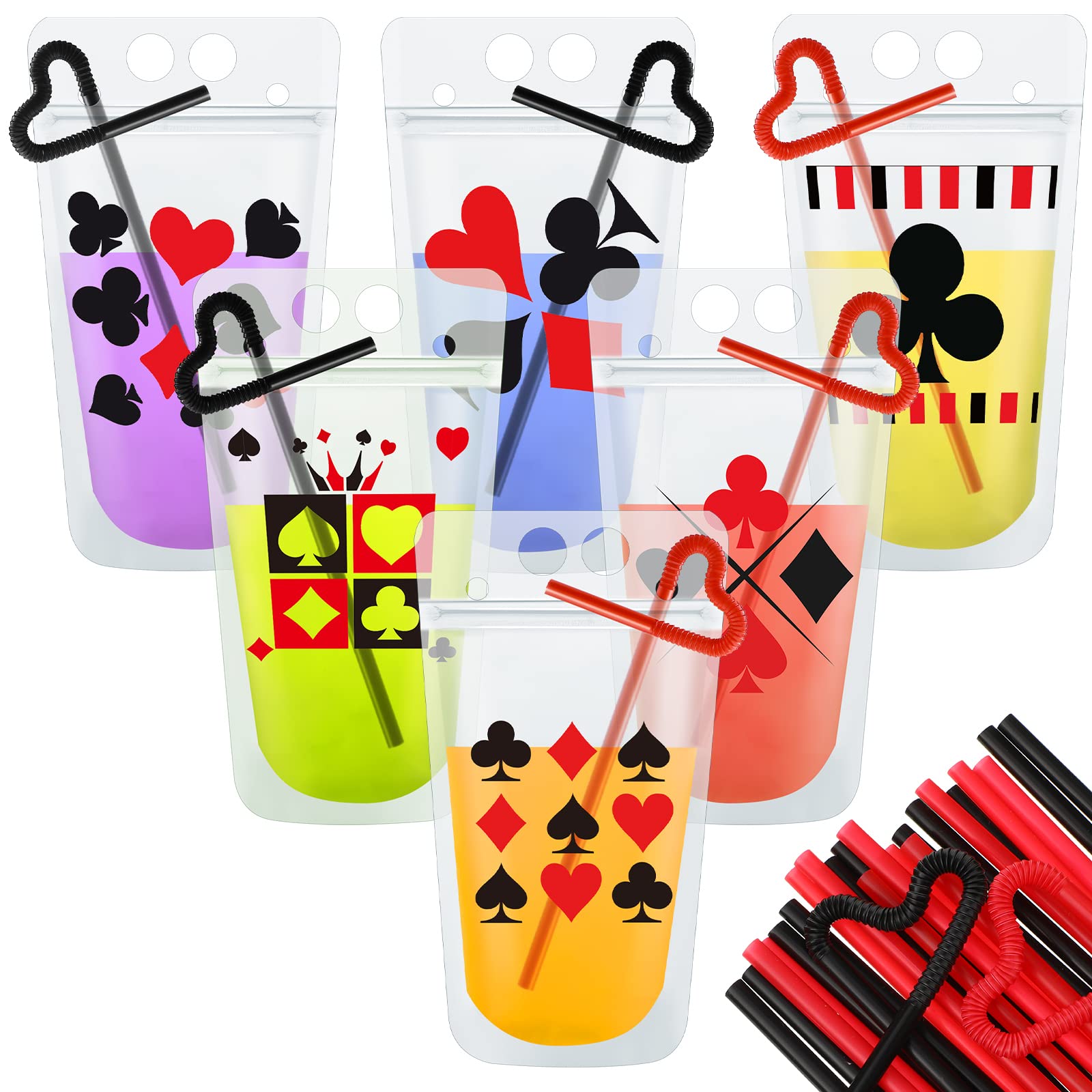 24 Set Casino Party Plastic Drink Pouch Cups with Straws, Poker Tumbler Clear Zipper Bags - Reusable Casino Poker Cups for Birthday Party Decorations &amp; Supplies