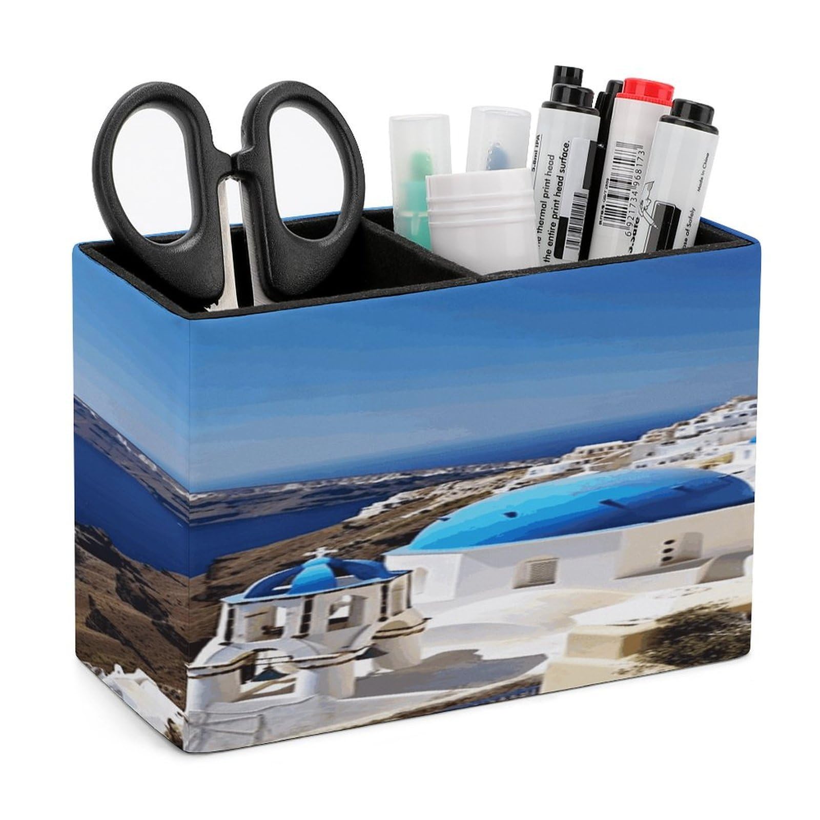 LZQPOEAS Santorini Greek Island Sea View Leather Pen Holder with 2 Compartments Luxury Pencil Holder Minimalist Pencil Cup Brush Scissor Holders Elegant Pen Cup for Office Home Desk Accessories
