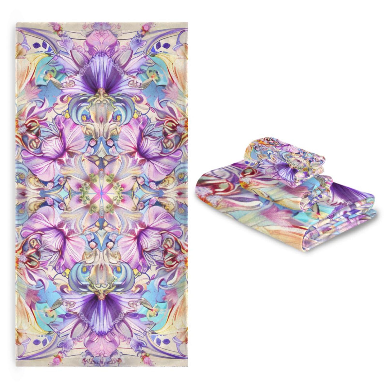 Set di 3 asciugamani decorativi per il viso in stile bohémien, motivo floreale viola, 1 asciugamano da bagno, 1 asciugamano per le mani, 1 panno per la casa, la cucina e la famiglia