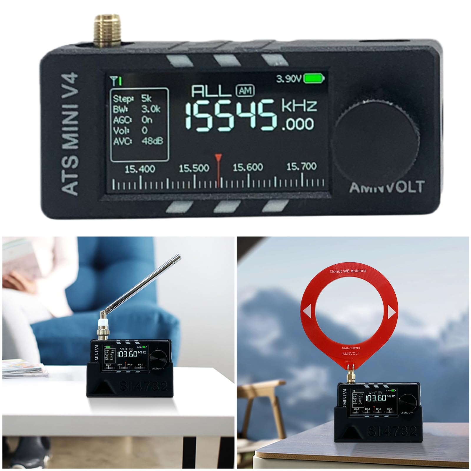 AMNVOLT V4 ATS MINI radio ze stojakiem i wzmacniaczem słuchawkowym, przenośny odbiornik radiowy AM FM, ekran IPS 1,9 cala, do chodzenia, wędrówek, kempingu