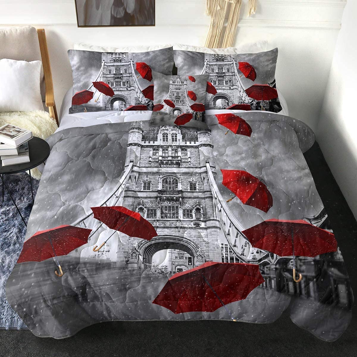 Sleepwish Paris City Eiffel Tower Comforter Set Red Umbrellas and Paris Eiffel Tower Print in Queen Size 4 Piece 3D Rainning Street Bedspread Black and White