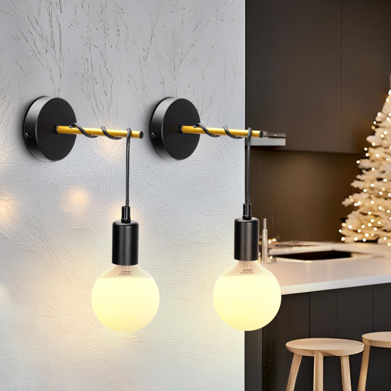 Aigostar Aplique pared interior, apliques pared dormitorio, lampara pared interior E27 con diseño de enrollado. Aplique de metal negro, Max.40W. Pack 2 Uds. Bombilla no incluida