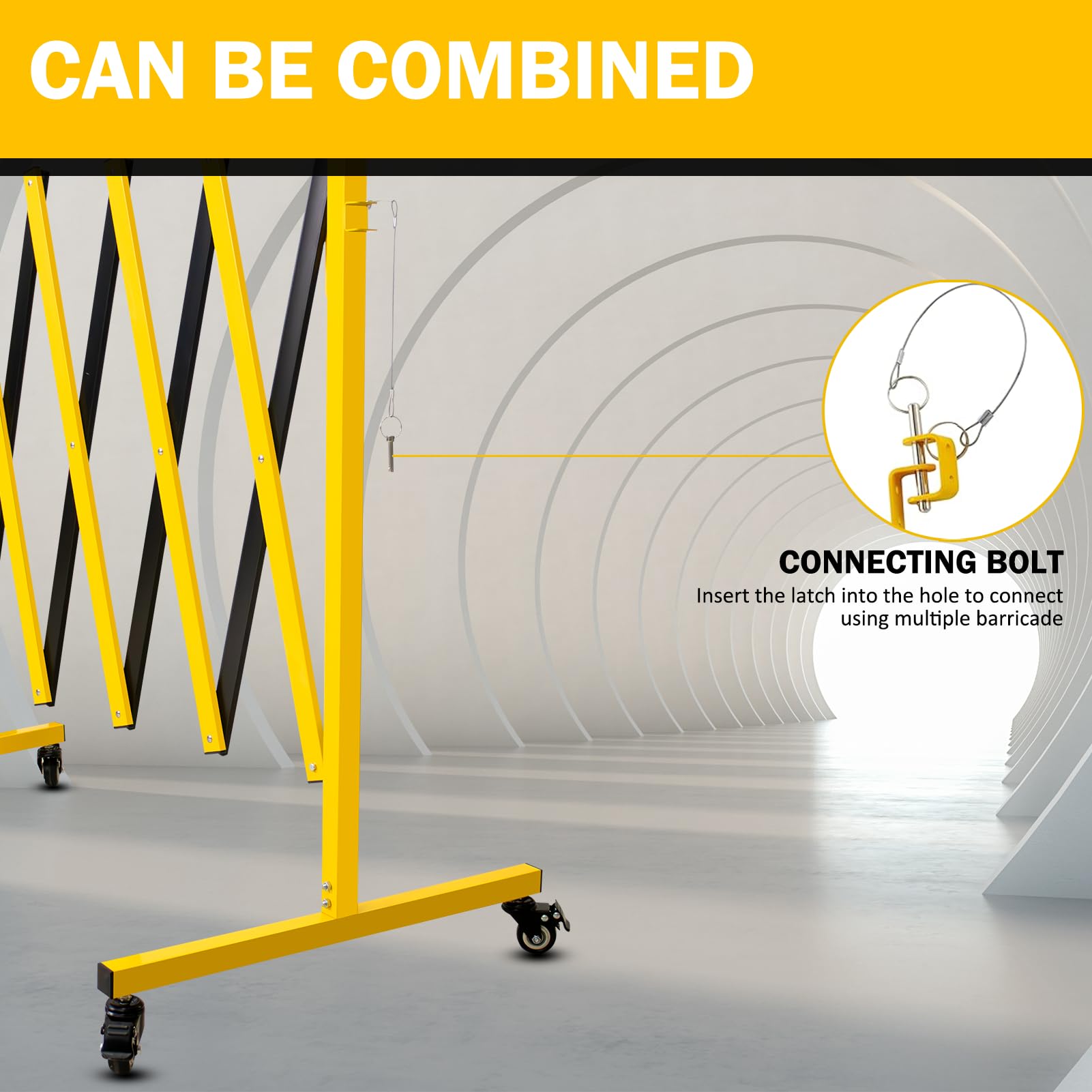 Barrera de Seguridad de 5 m, Portátil Barricada de Metal Industrial de 1,05 m de Altura, Valla de Tráfico con Candado y Ruedas Bloqueables, Valla de Tráfico para Control De Multitudes, Amarillo