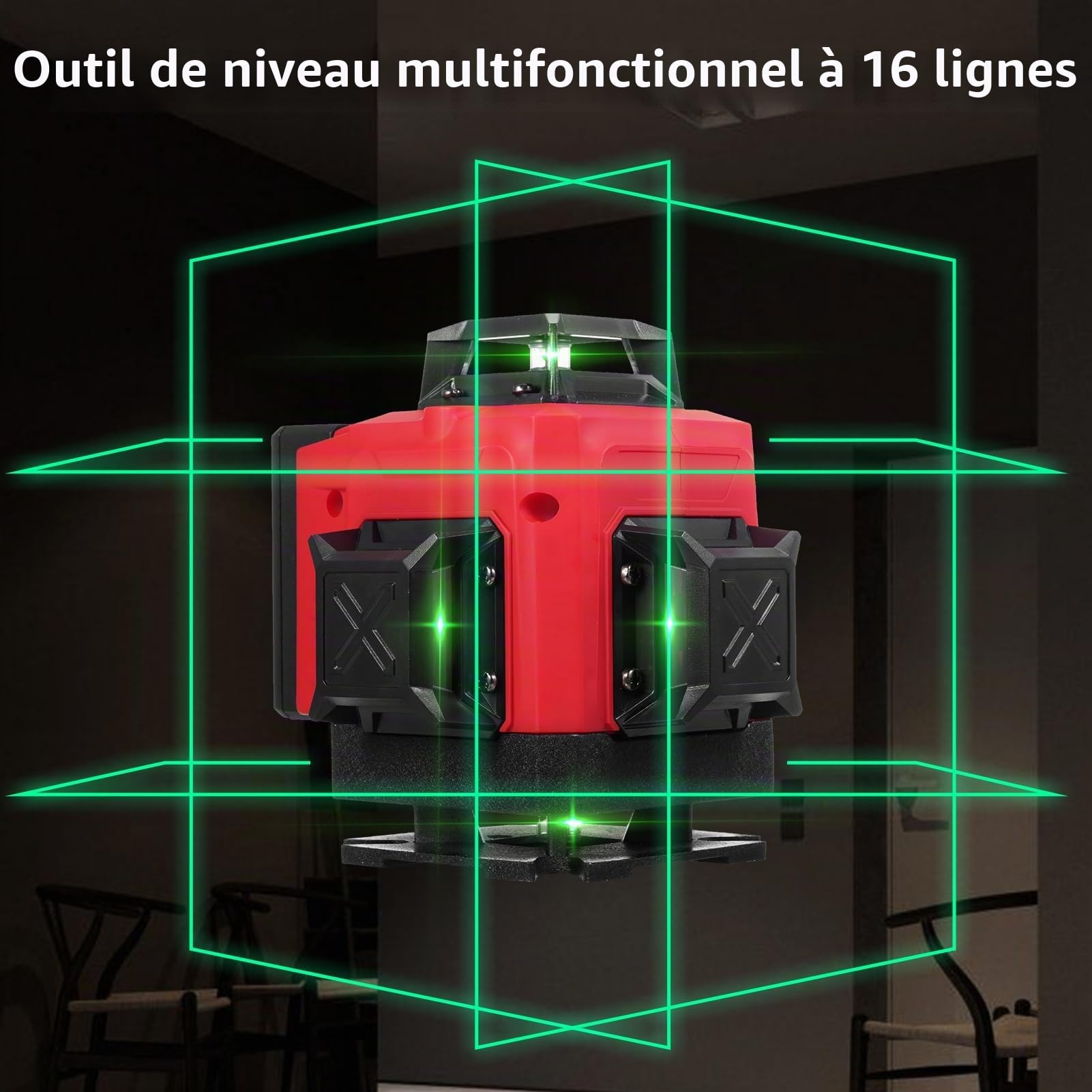 Laser en croix trépied, niveau laser 4D 16 lignes, IP54, batterie 2400 mAh x 2, 1 m extension