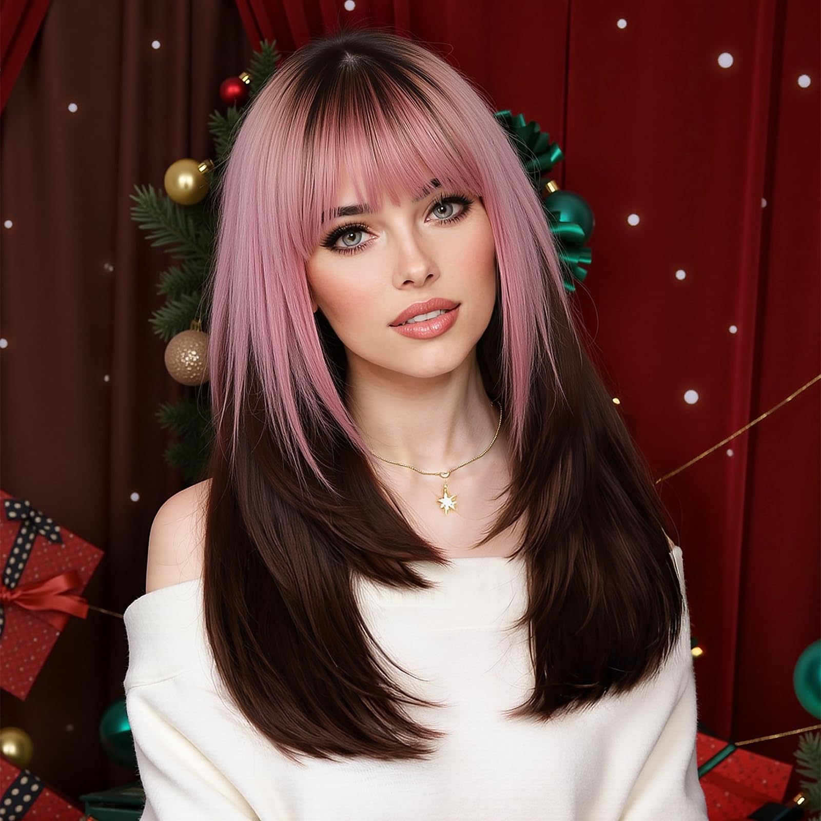 Testar Long Ombre Pink Black Wigs With Thick Bangs - Synthetic Layered Hair Wigs For Daily Use, Ombre Pink to Black, 22 inches