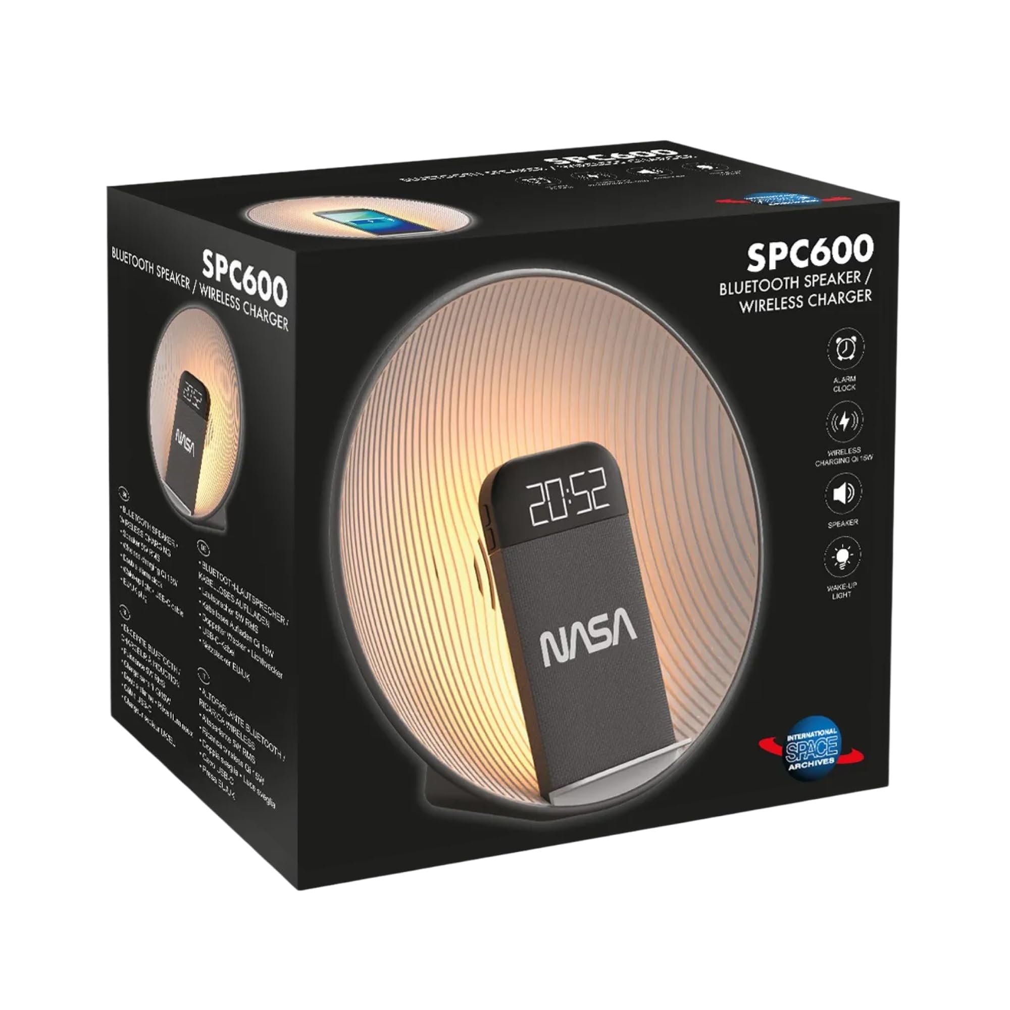 NASA SPC600 Réveil Bluetooth 5.3 avec Enceinte 5W RMS, Charge sans Fil Qi 15W, Double Alarme, LED Réveil 3000K, USB-C/USB-A, Design Gris