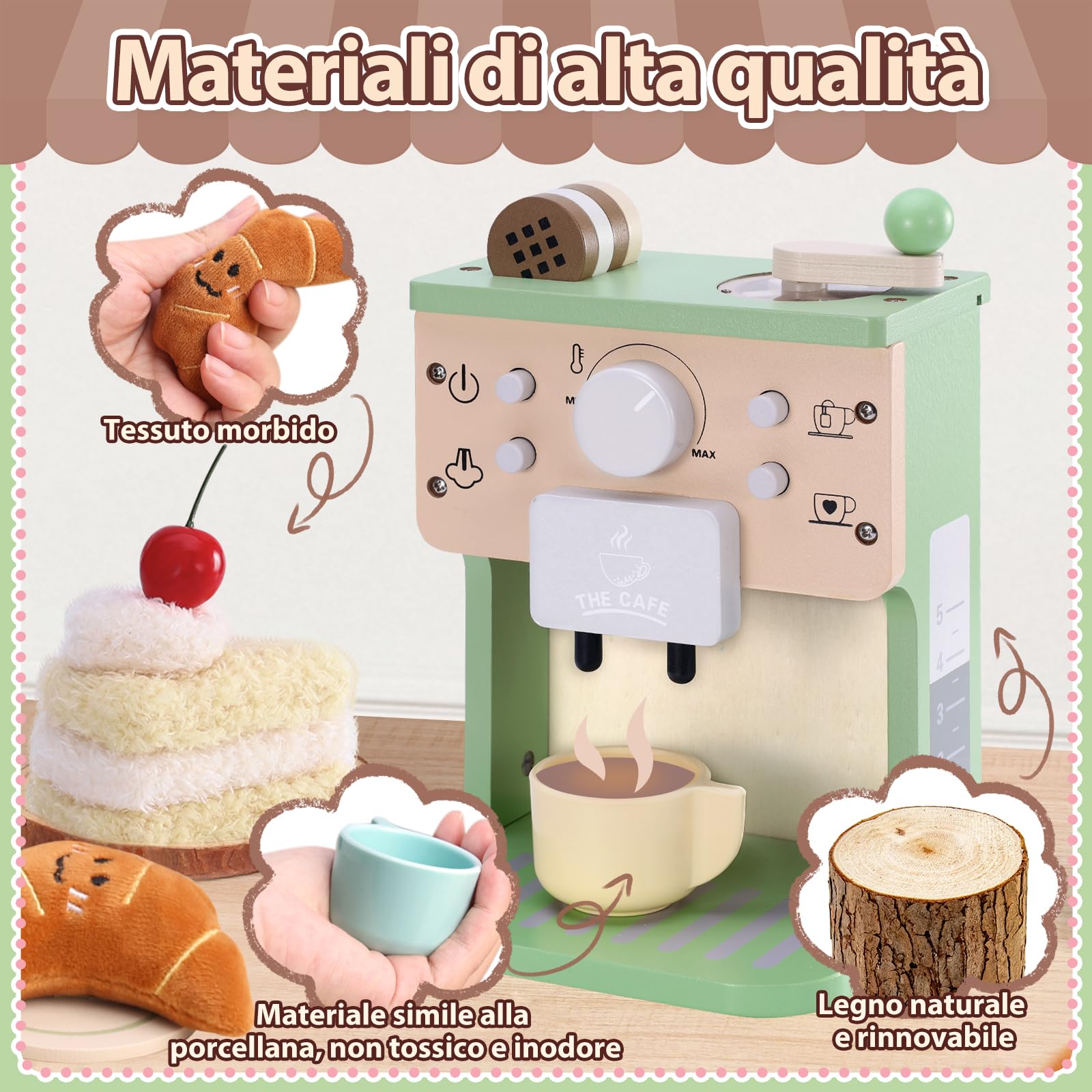 VBACALA Macchina da Caffè in Legno per Bambini,14 Pezzi Macchina da Caffè Espresso con Suoni e Bottoni,Accessori Cucina Bambini in Legno,Torta e Croissant in Tessuto,Regalo adatto a bambini dai 3+anni