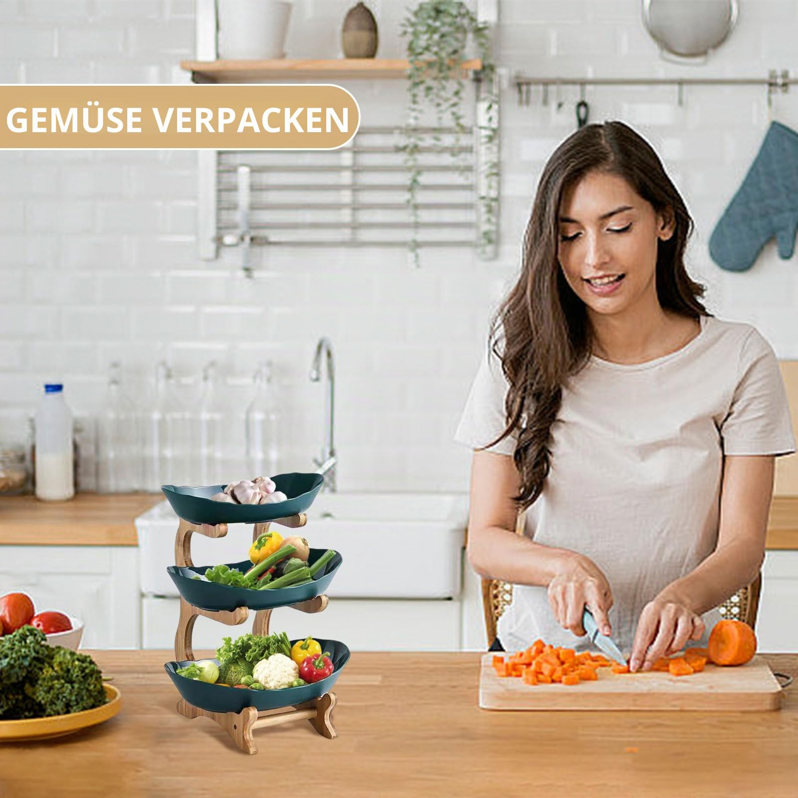 Fruchtkuchen Stehen, Plastik Obst Etagere mit 3 Etagen Platzsparendes Obstkorb Etagere für die Familie Obstschale Modern für Küchendekoration Gemüse Obst Snacks (Dunkelgrün, 3 Schichten)