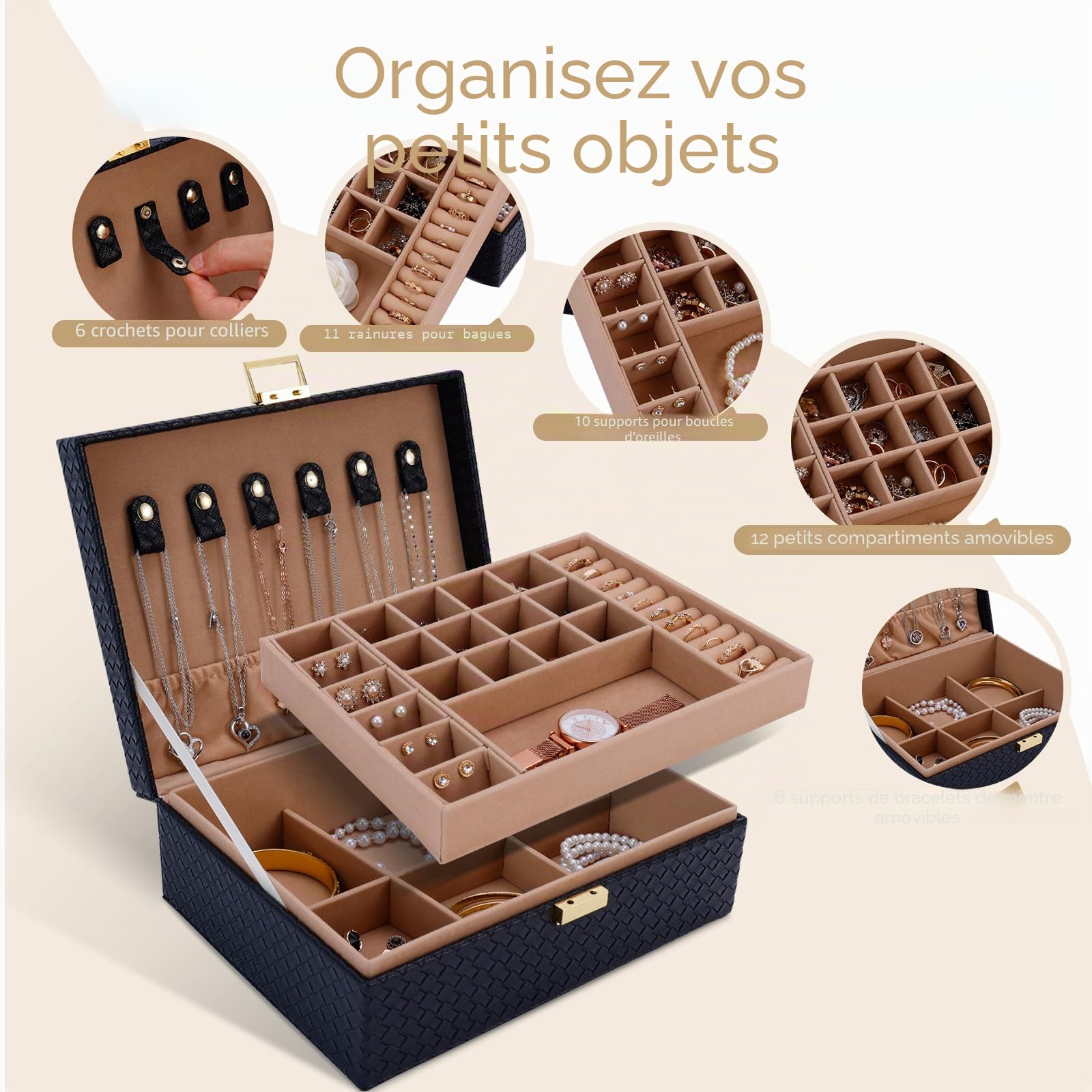 Gifturbo Boîte à bijoux, boîte à bijoux avec 2 niveaux, boîte à bijoux en PU cuir grande boîte à bijoux pour bagues, boucles d'oreilles, bracelets, colliers, noir