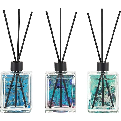 Cocorrína Reed Diffuser Sets of 3, White Flower/Irises/Rose Fantasy 3 X 1.5 oz. Oil Diffuser with 15 Sticks, Home Fragrance for Bedroom, Bathroom Shelf Decor Stress Relief