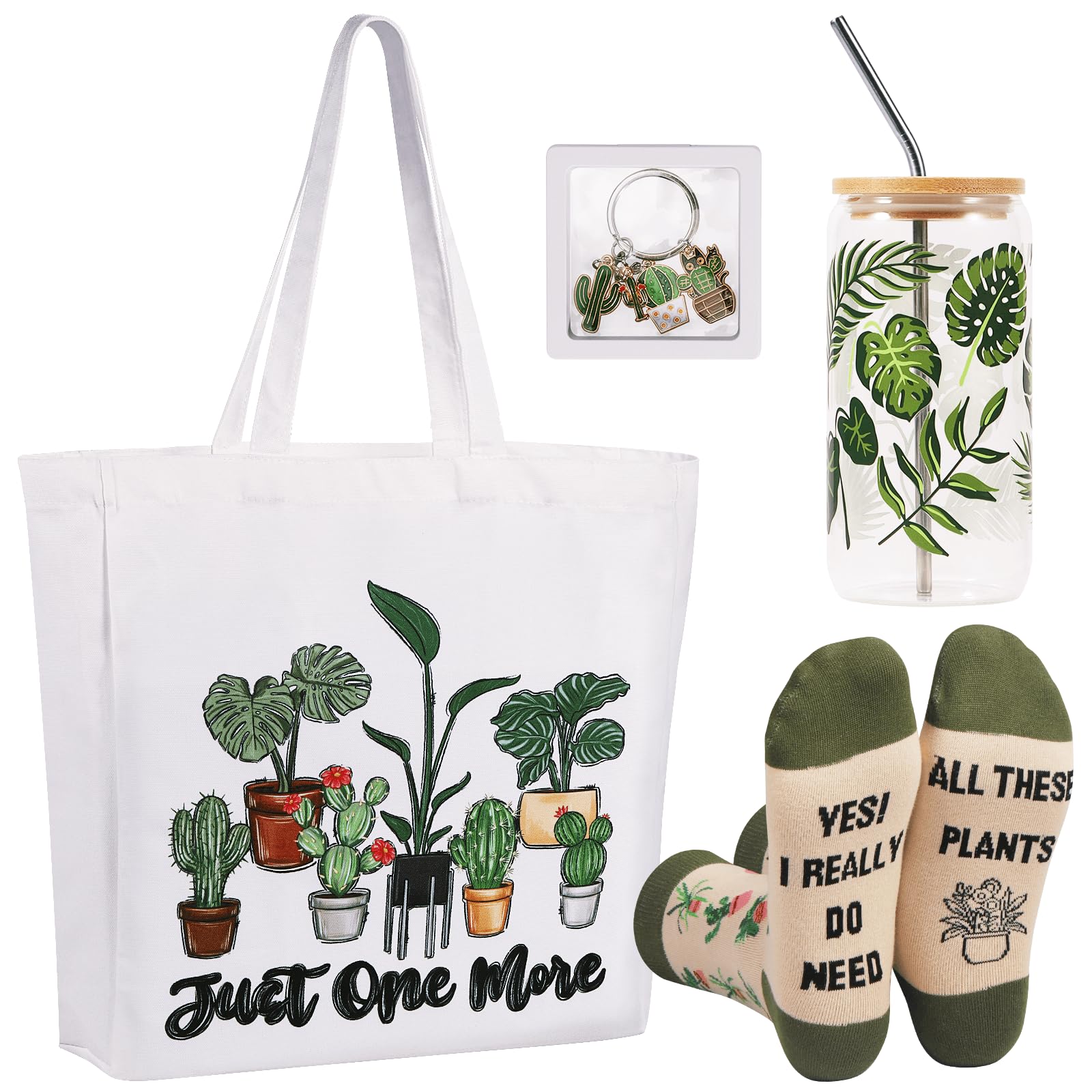 TAOVEEK 4 PCS Plants Lovers Gifts for Women, Plant Lady Mom Gardening Gifts for Birthday Christmas, 16oz Glass Cup Canva Tota Bag Plant Keychain Socks