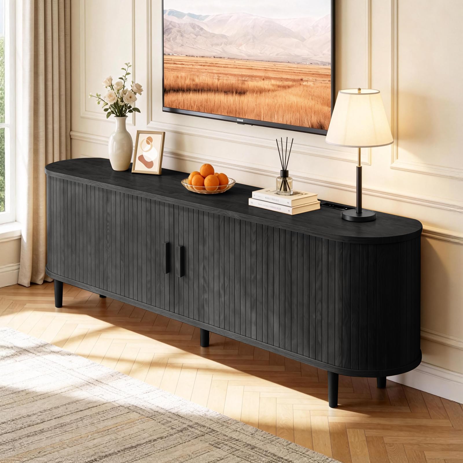 OneBlis 58" Mid Century Modern TV Stand with Power Outlet, Fluted Entertainment Center with Storage and Adjustable Shelves, Wood TV Console with