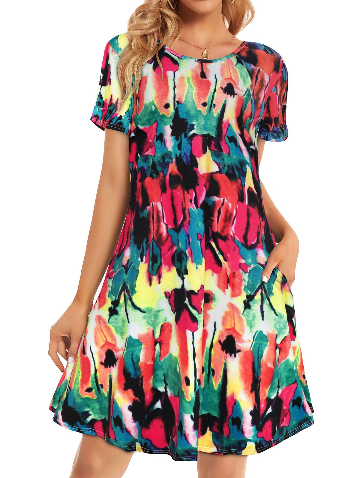 elescat Womens Summer Dresses Casual Loose Tshirt Floral Pockets Sundress | 2026 Boho Flowy Short Sleeve Dress, Two Hidden Pockets, Loose Beach Cover Up, Solid or Floral, Fashion Vacation Outfits