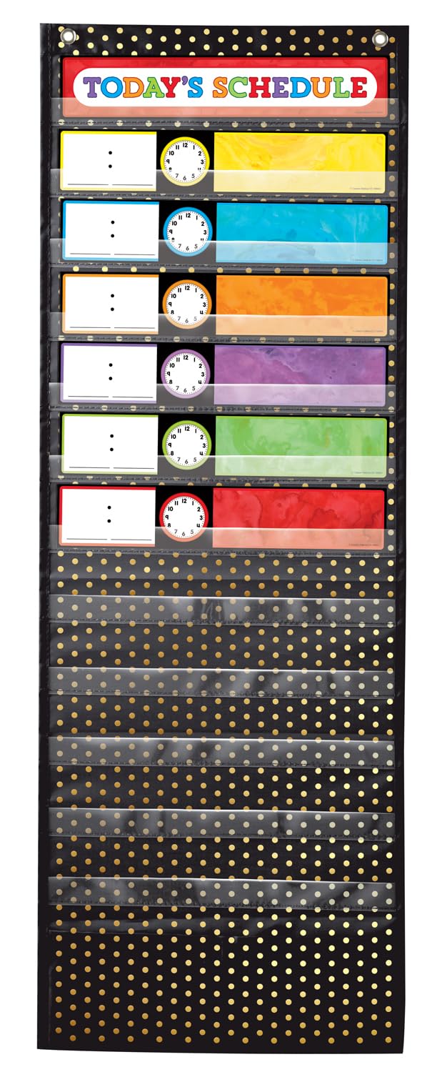 Carson Dellosa 13" x 36" Visual Schedule for Kids Deluxe Pocket Chart, Black and Gold Organizer, Dry Erase Cards with Customizable Clocks, Circle Time Learning Center and Classroom Teaching Supplies