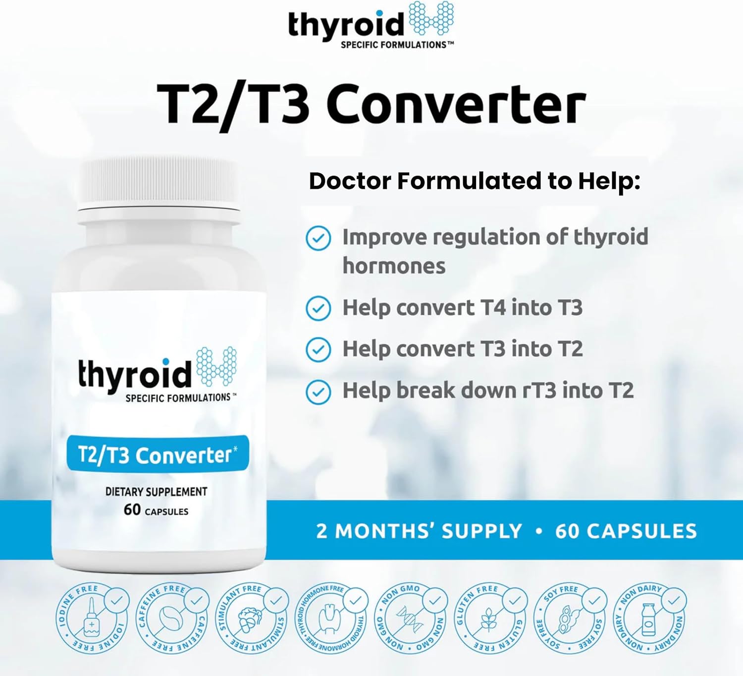 T2 T3 Conversion Booster - Thyroid Hormone Support for Hypothyroidism & Hashimoto's - Boost Metabolism & Energy - Reduce Reverse T3-60 Caps