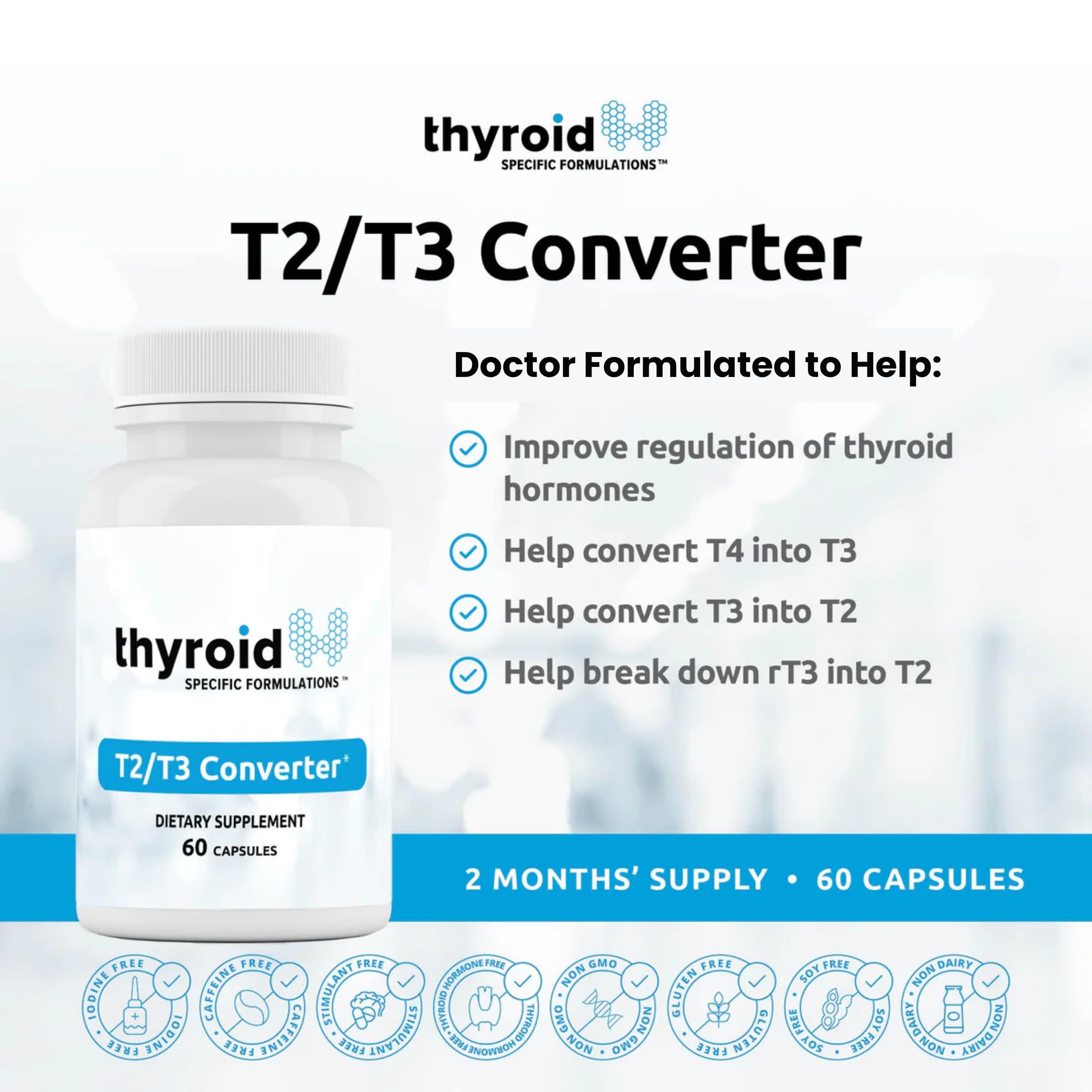 T2 T3 Conversion Booster - Thyroid Hormone Support for Hypothyroidism & Hashimoto's - Boost Metabolism & Energy - Reduce Reverse T3-60 Caps — Amazon image 2