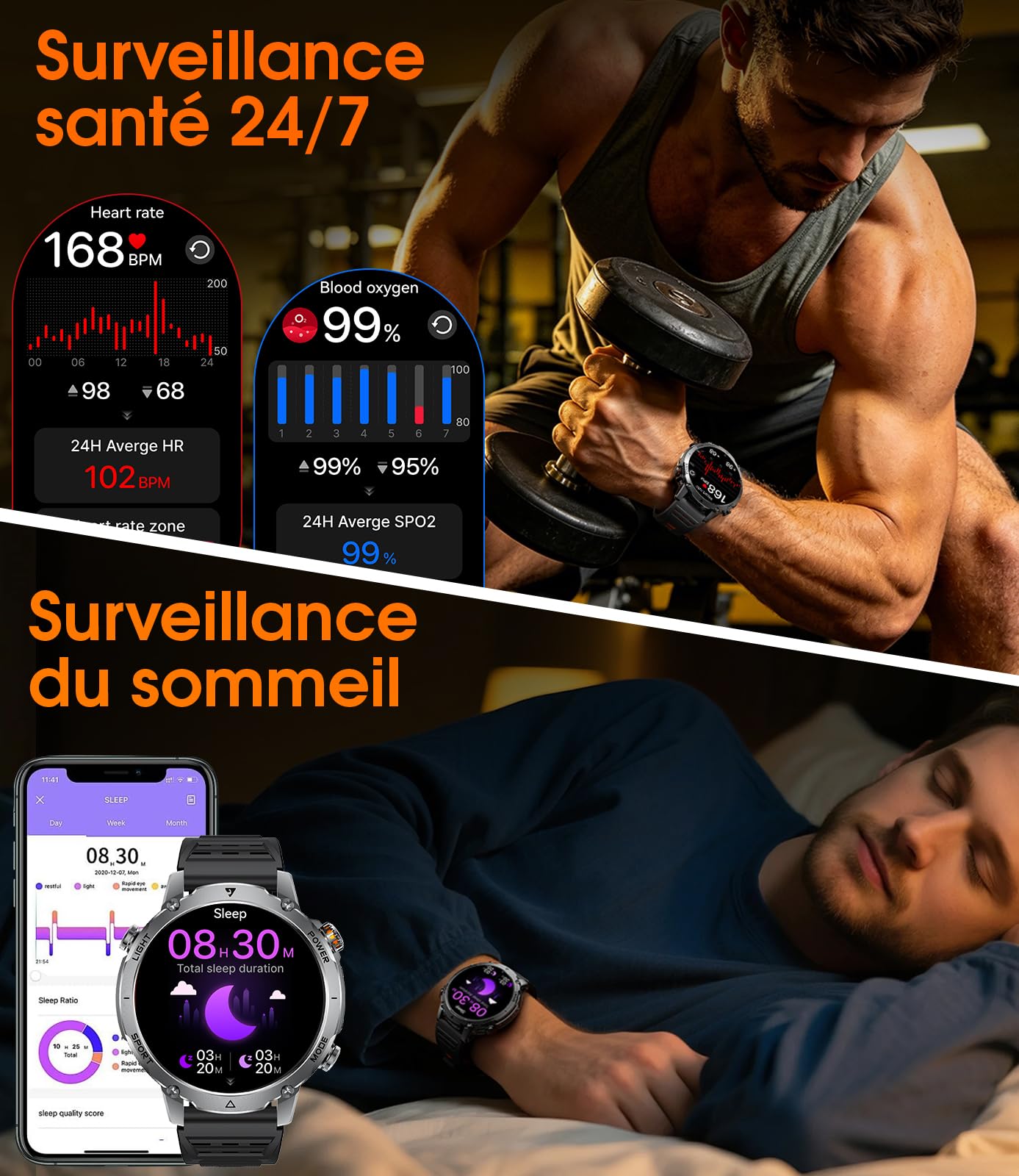 LIGE Montre Connectée Homme, Batterie 1400mAh, Écran HD 1,7 Pouce, Lampe LED, 110+ Modes Sport Montre Militaire Homme, Suivi Sommeil, IP68 Étanche, Smartwatch pour Android iOS, 2 Bracelets, Noir