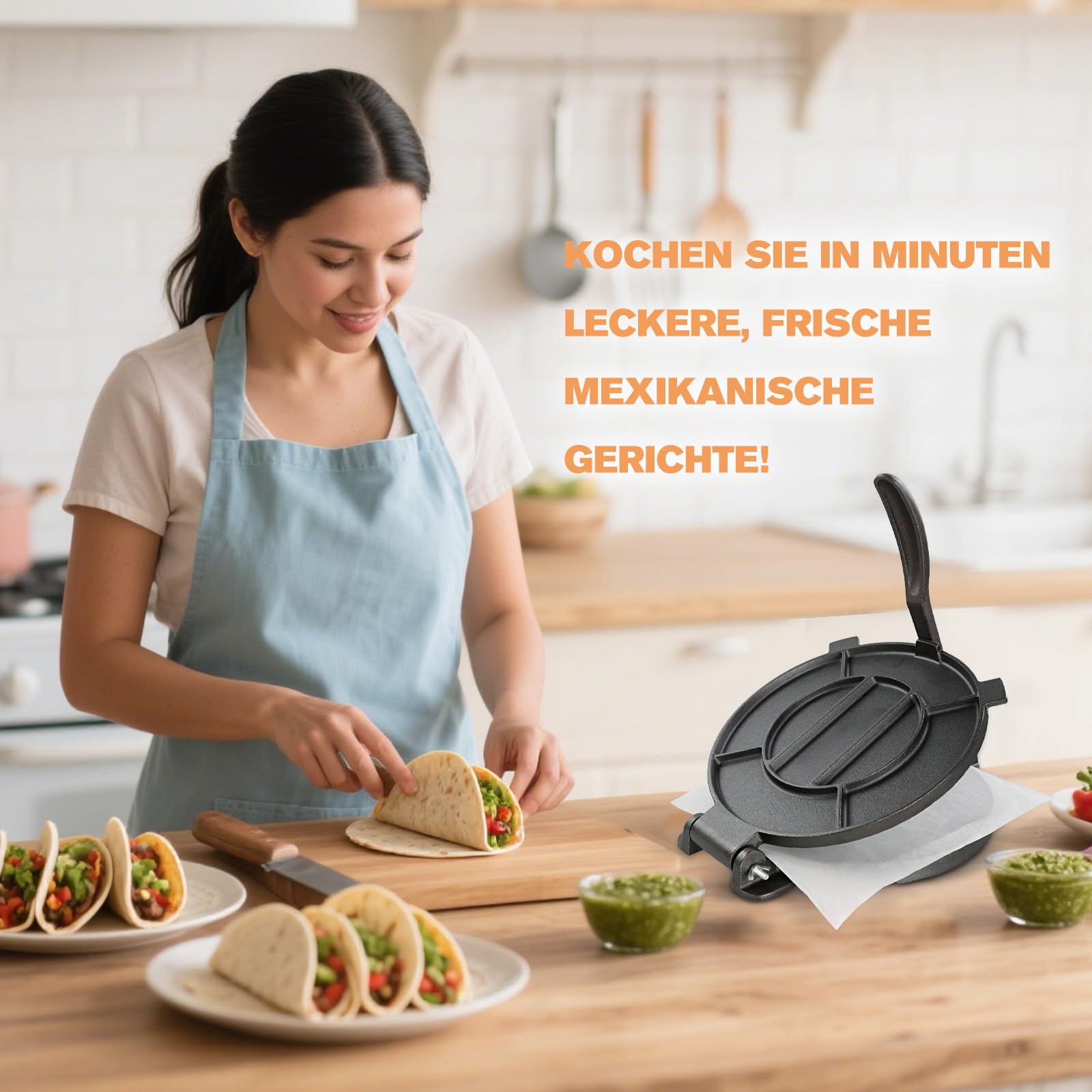 Tortilla Presse - Gusseisen Tortilla Presse, Roti Maker, Pre-Seasoned Tortilla Maker, Heavy- Duty Taco Presse, Justierbare Tortilla Press für hausgemachte Tortillas, Schwarz (20cm)