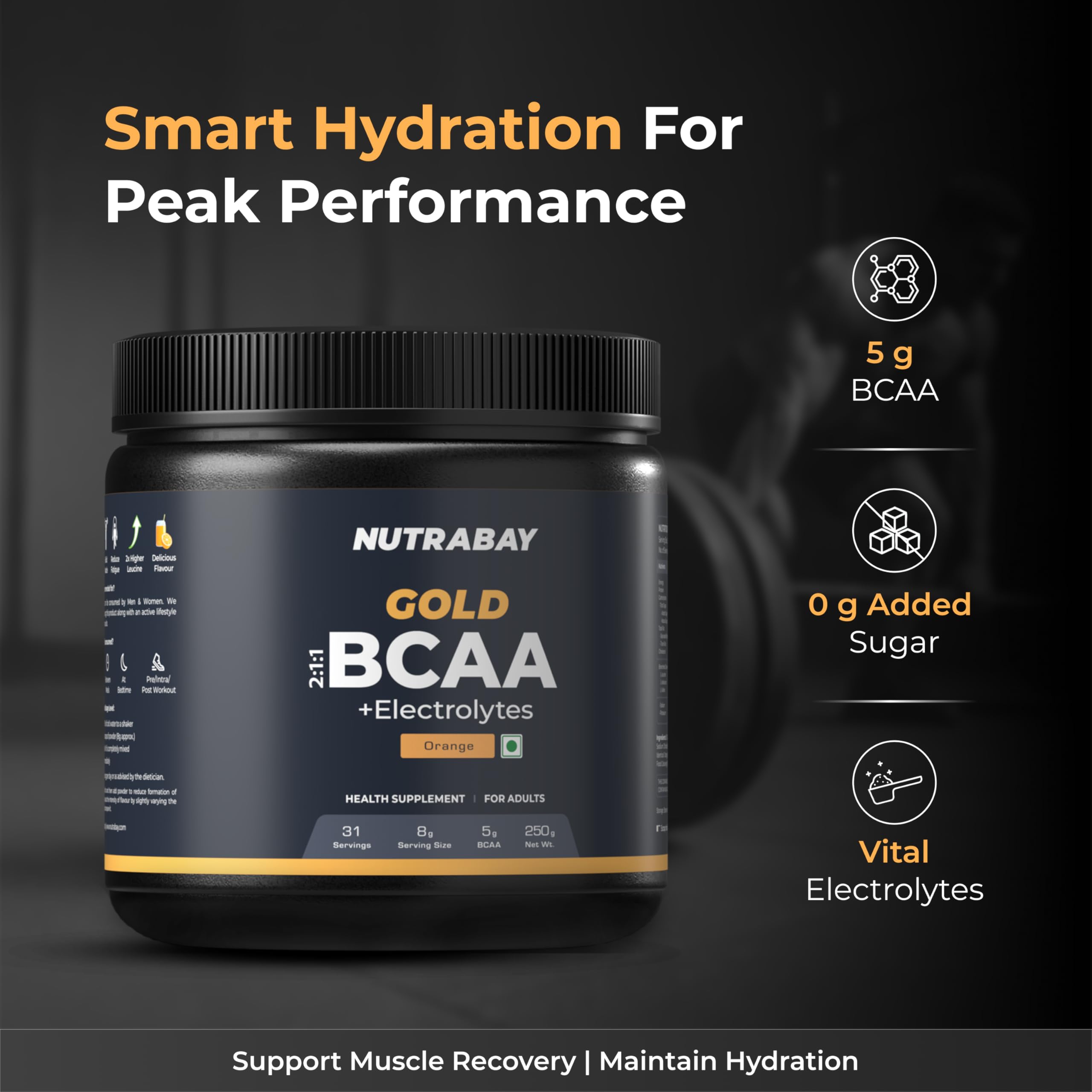 Nutrabay Gold BCAA 2:1:1 with Electrolytes 5000 mg Vegan BCAAs per Serving – Pre/Post Workout Energy Drink for Muscle Build Up, Faster Recovery - Tested for Purity - No Banned Substances– 250g, Orange 1