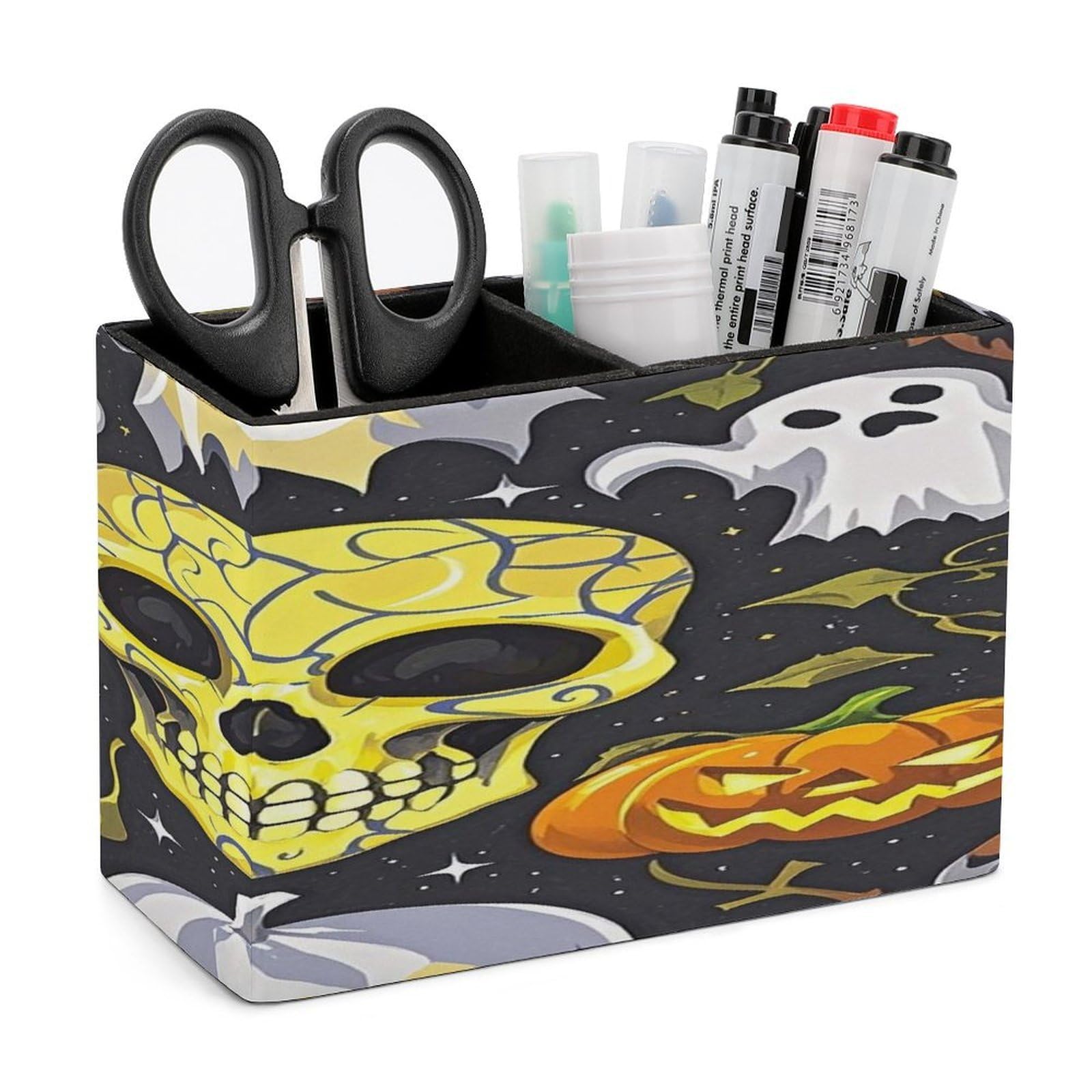 LZQPOEAS Yellow Skull Leather Pen Holder with 2 Compartments Luxury Pencil Holder Minimalist Pencil Cup Brush Scissor Holders Elegant Pen Cup for Office Home Desk Accessories