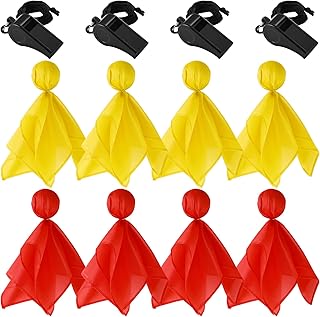 Skylety 12 Pcs Football Penalty Flag Set 8 Red Yellow Tossing Soccer Flags for Party Accessory and 4 Plastic Sports Black Whistles with Lanyard Loud Clear Coach Referee Whistle